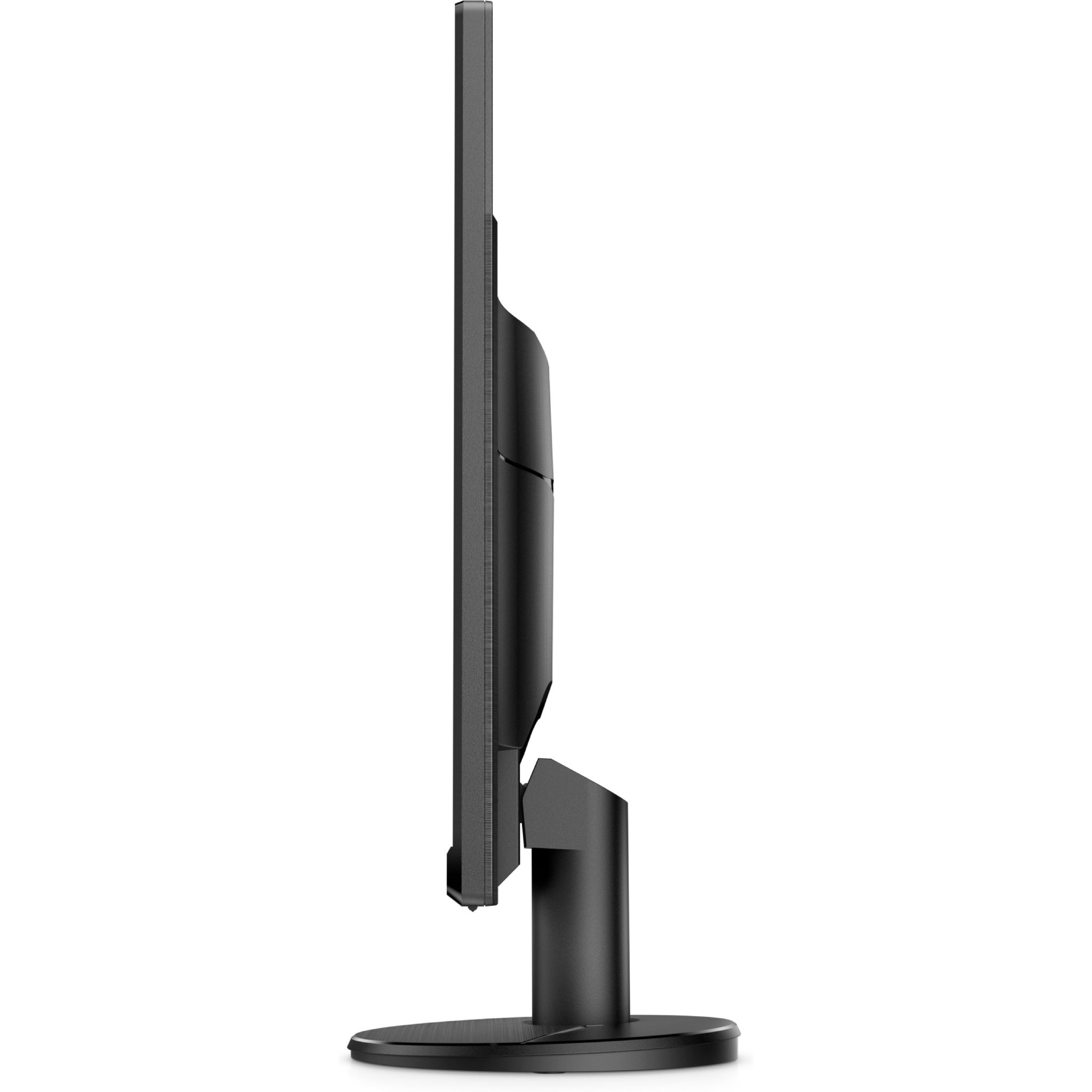 Monitor per computer nero visto di lato. Ha un supporto e una cornice sottile.
