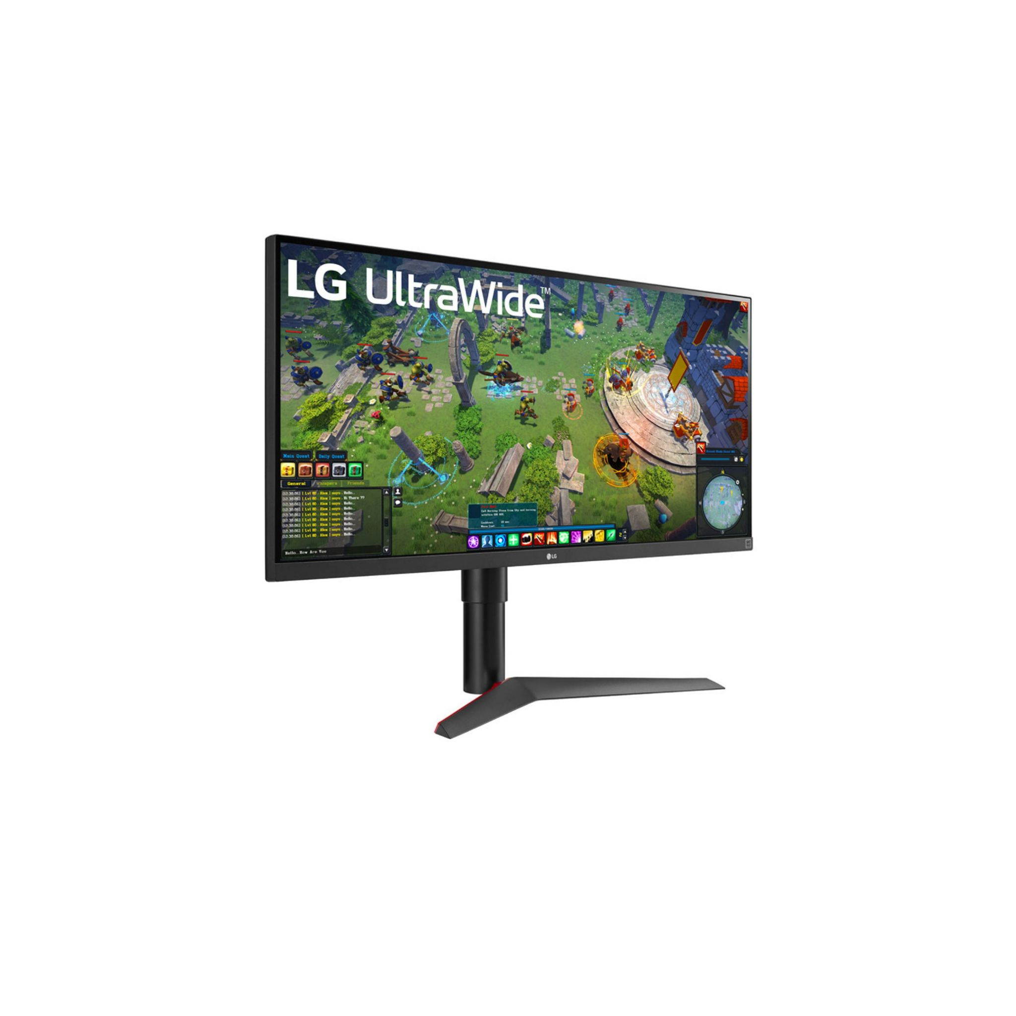 Monitor LG UltraWide con scena di gioco. Supporto nero.