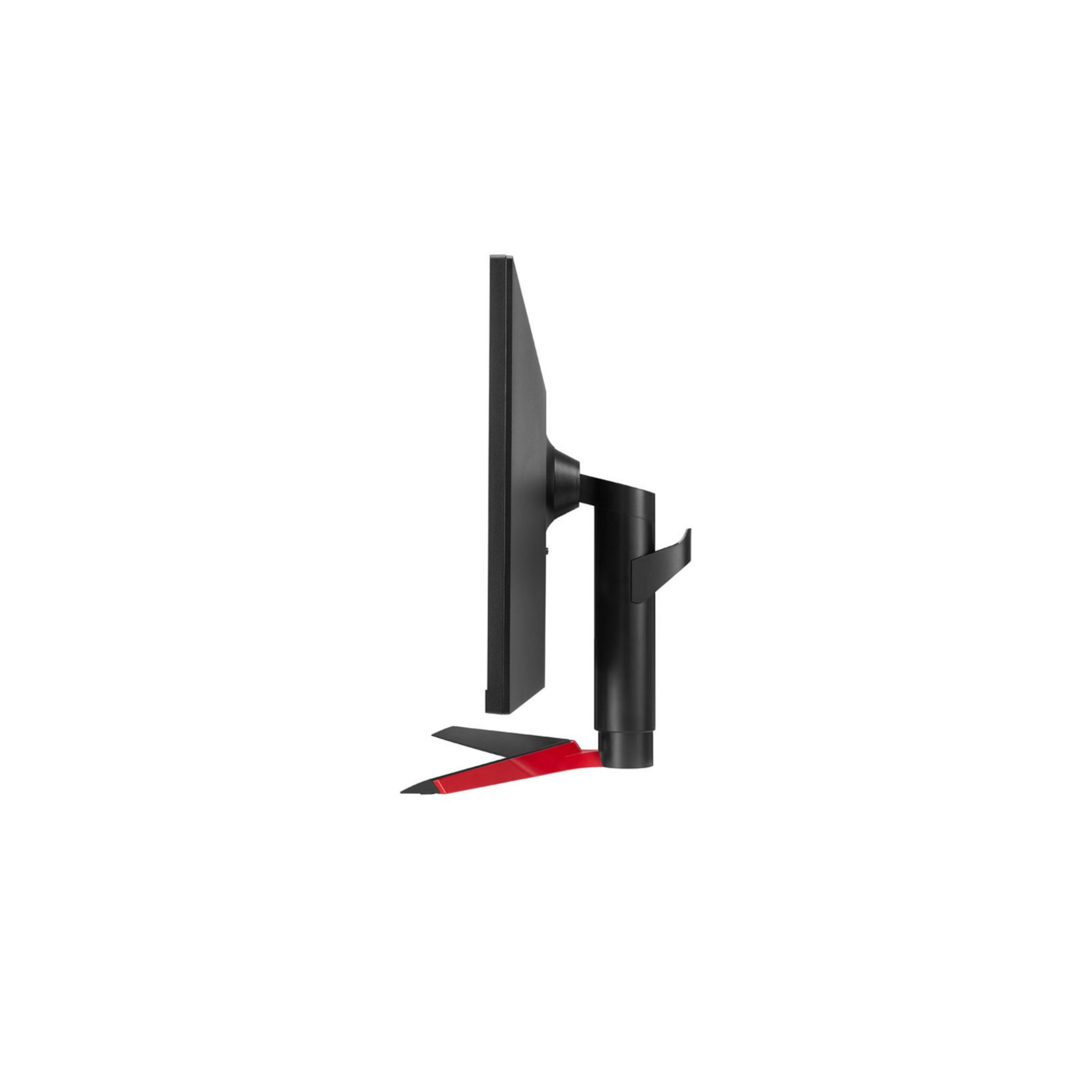 Vista laterale di un monitor nero con supporto rosso.