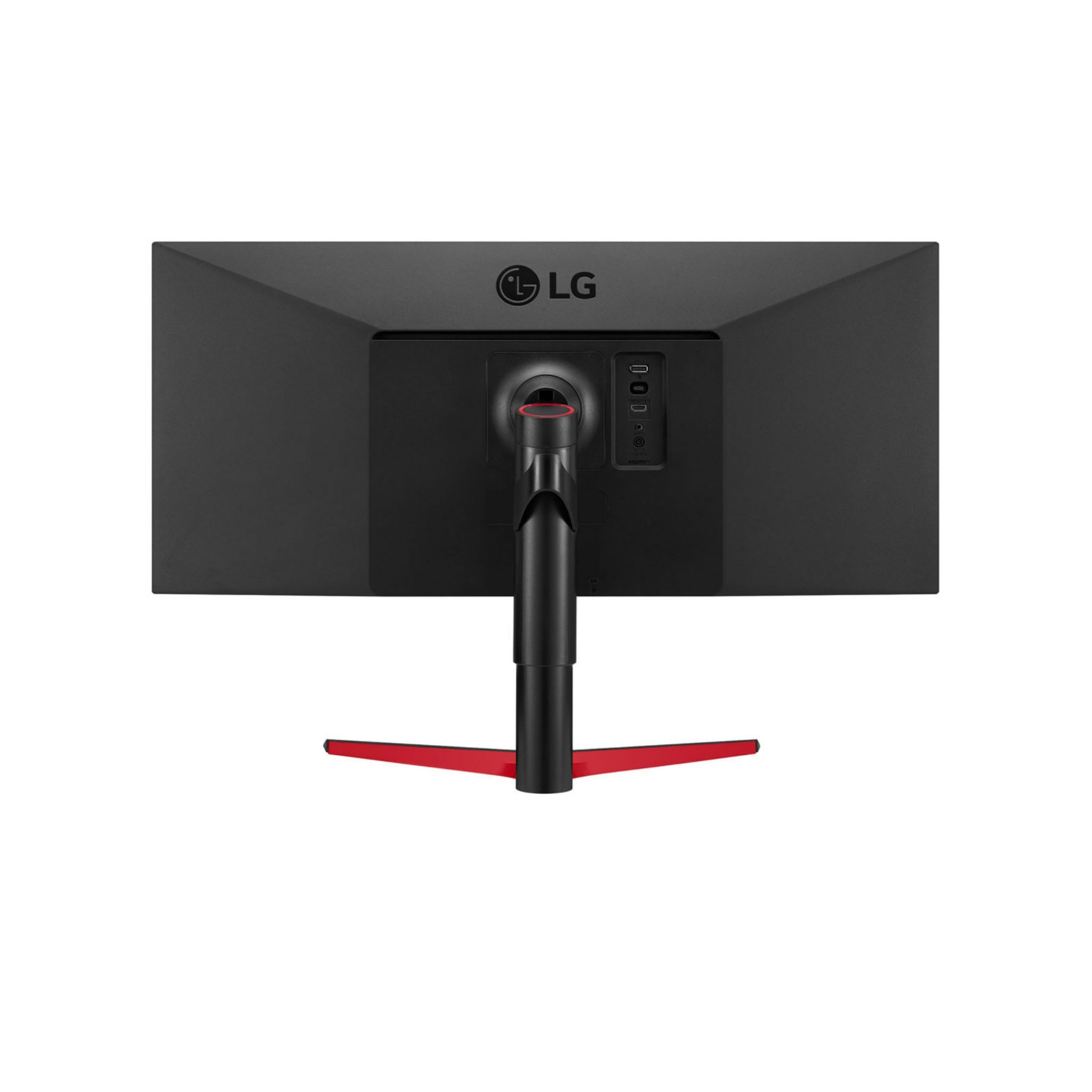 Monitor per computer nero visto da dietro, con dettagli rossi e logo LG.