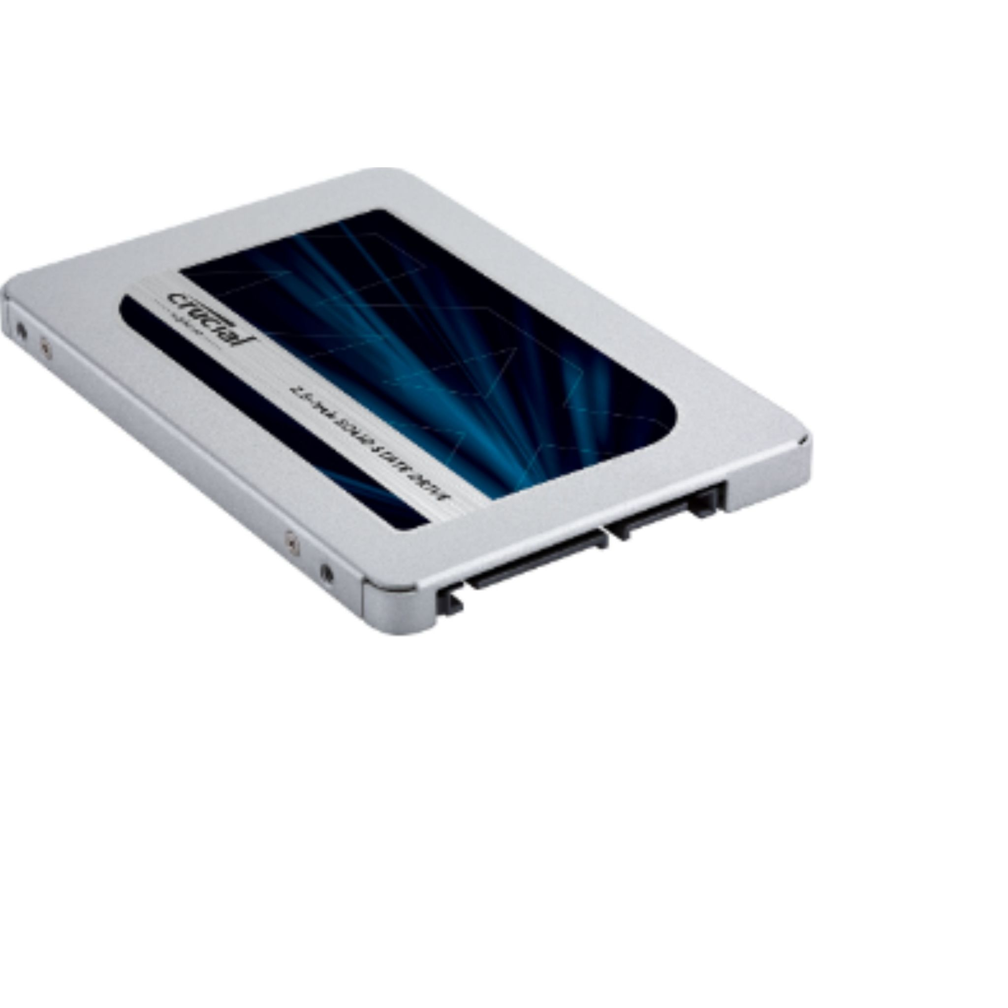 Unidad SSD plateada. Forma rectangular con logo Crucial y patrón azul oscuro. Conector SATA visible.