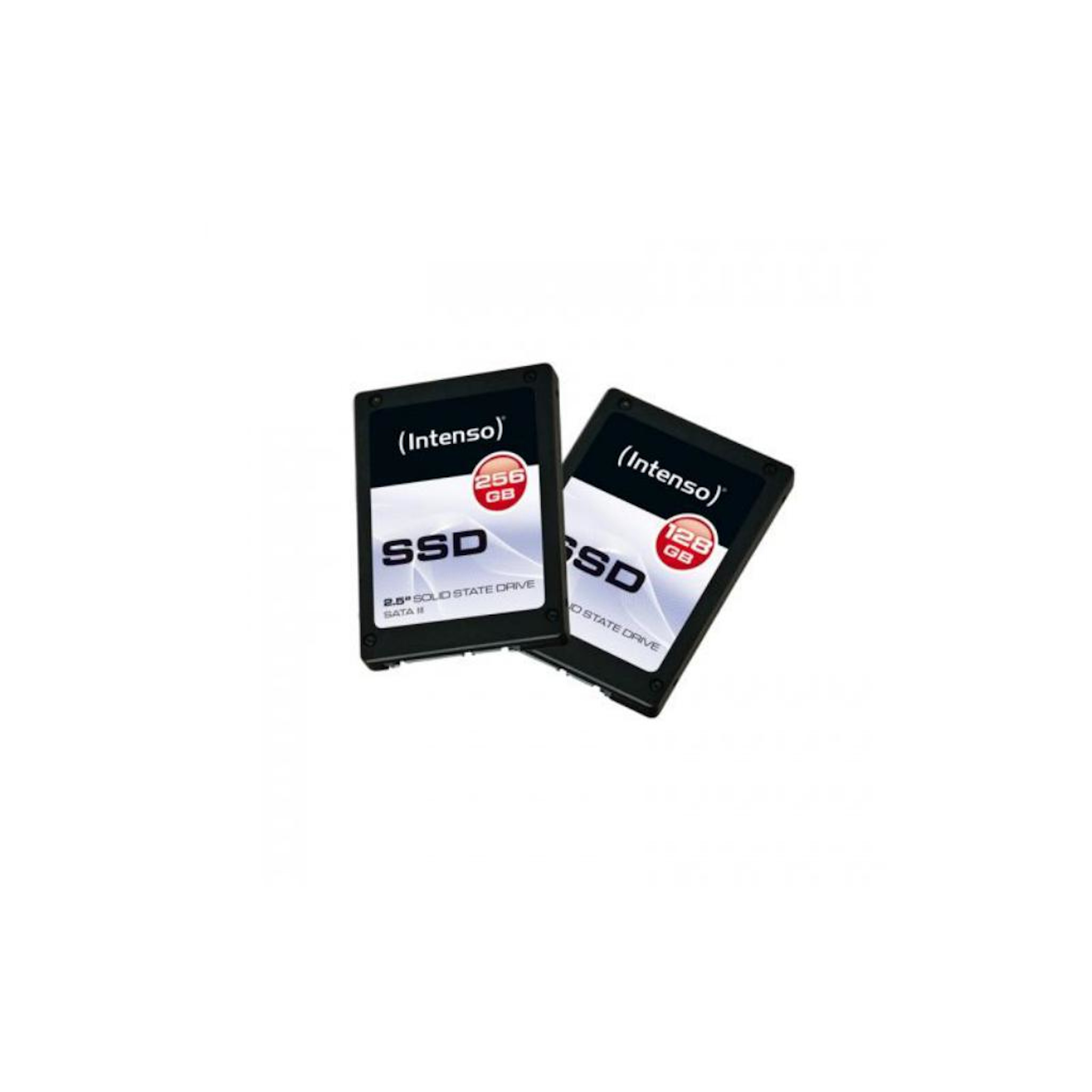 Dwa dyski SSD z etykietą 'Intenso', 256 GB i 128 GB na białym tle.