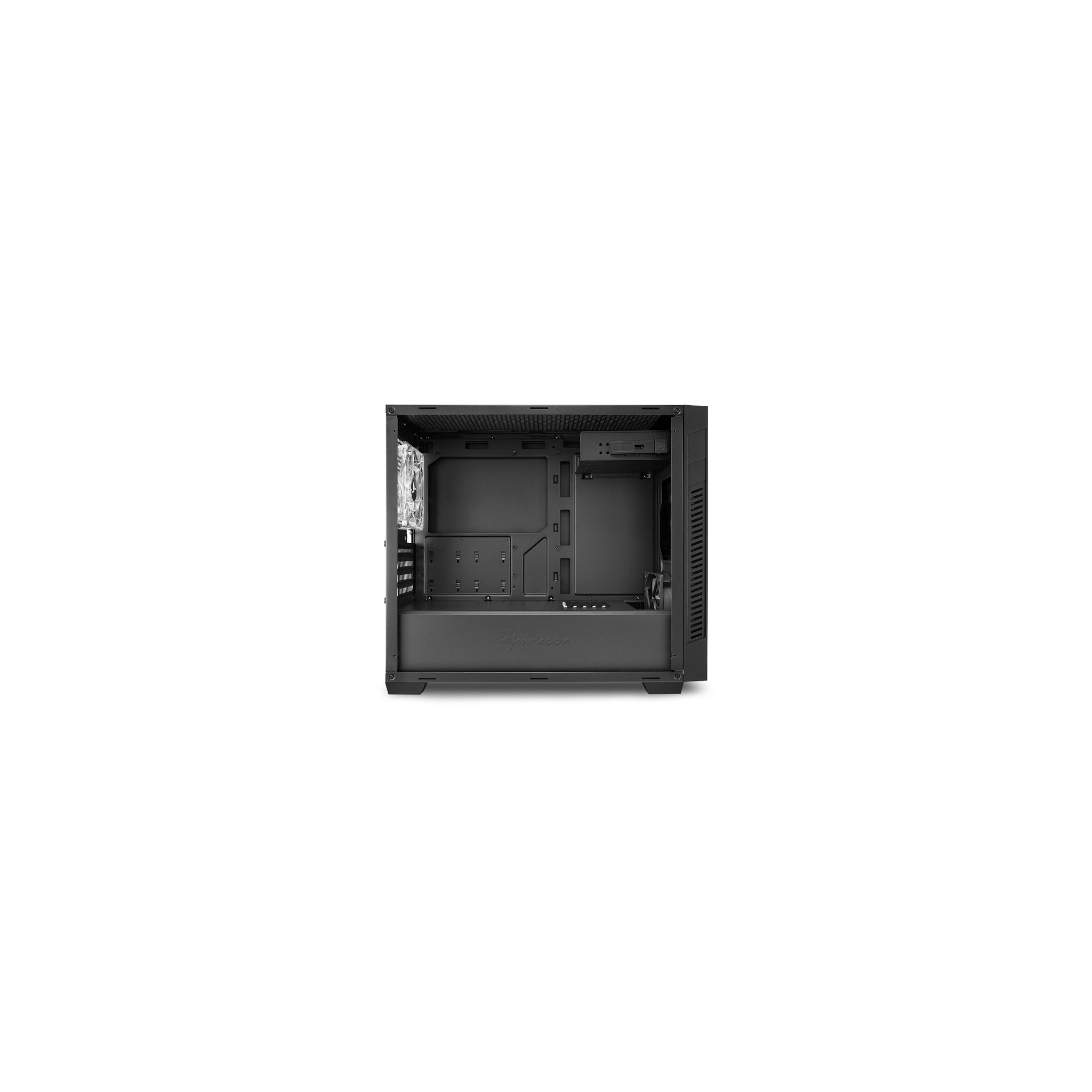 Interno di un case per computer nero con componenti visibili, vuoto.