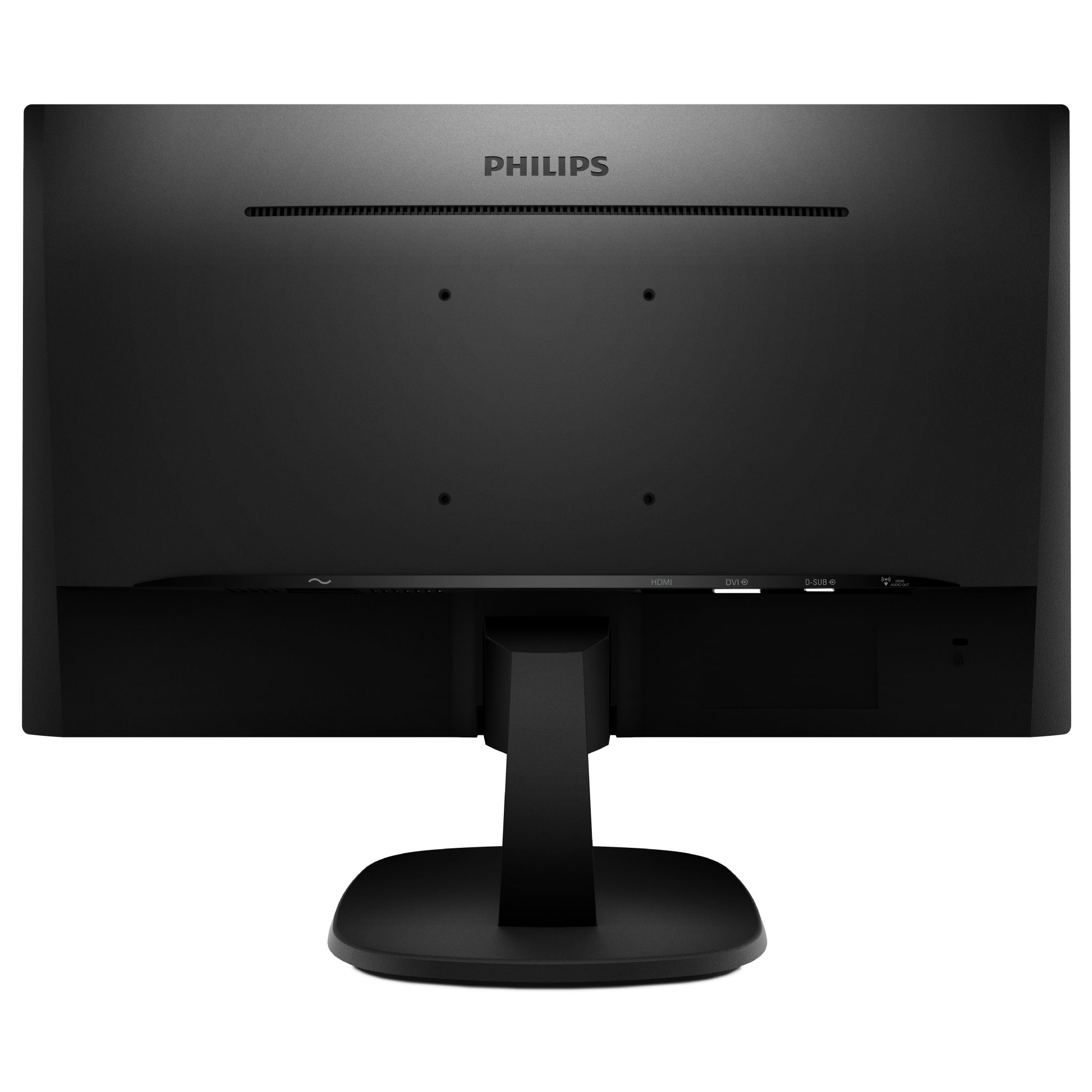 Widok z tyłu czarnego monitora Philips z logo Philips i różnymi portami.