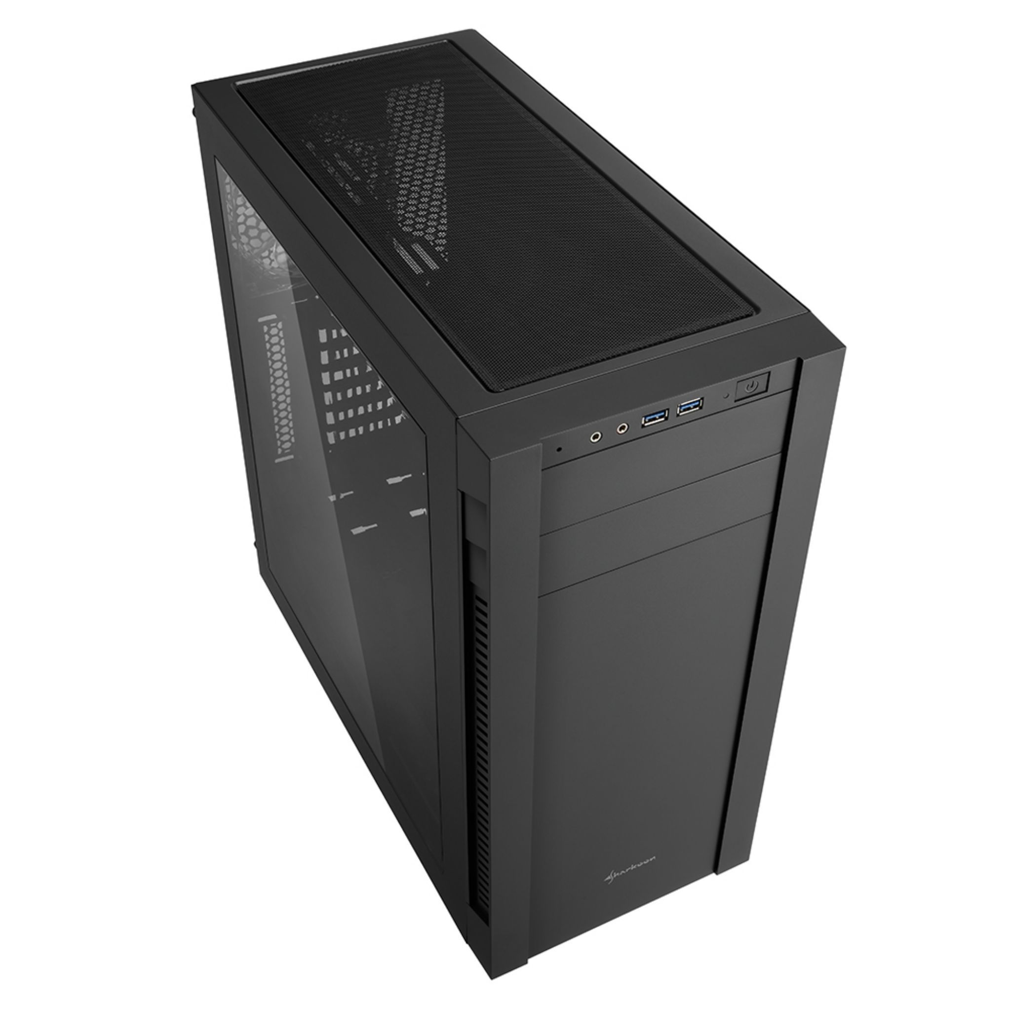 Black computer case, top view, with mesh, buttons, and ports. Glass side panel.