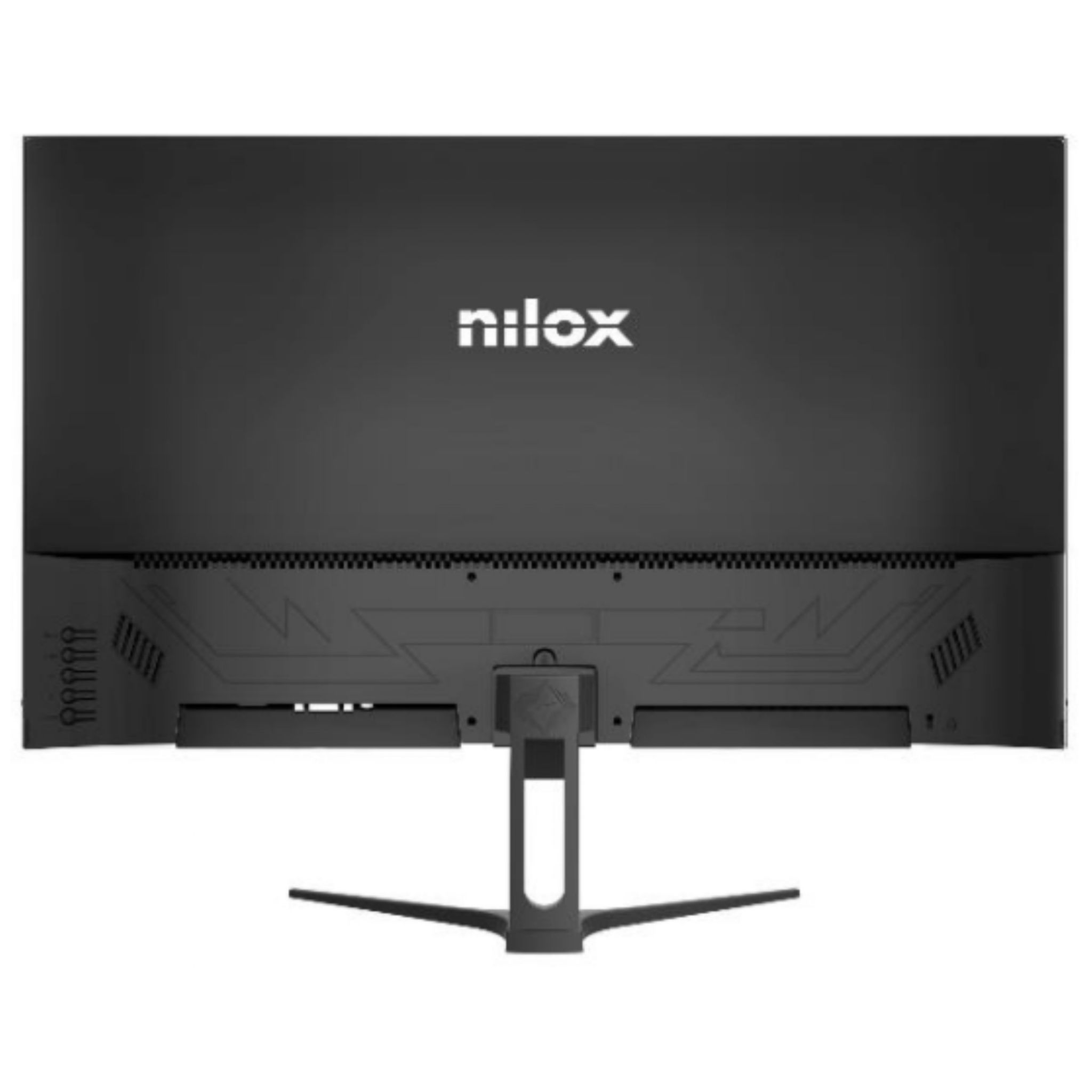 Tył czarnego monitora Nilox, pokazujący stojak i porty.