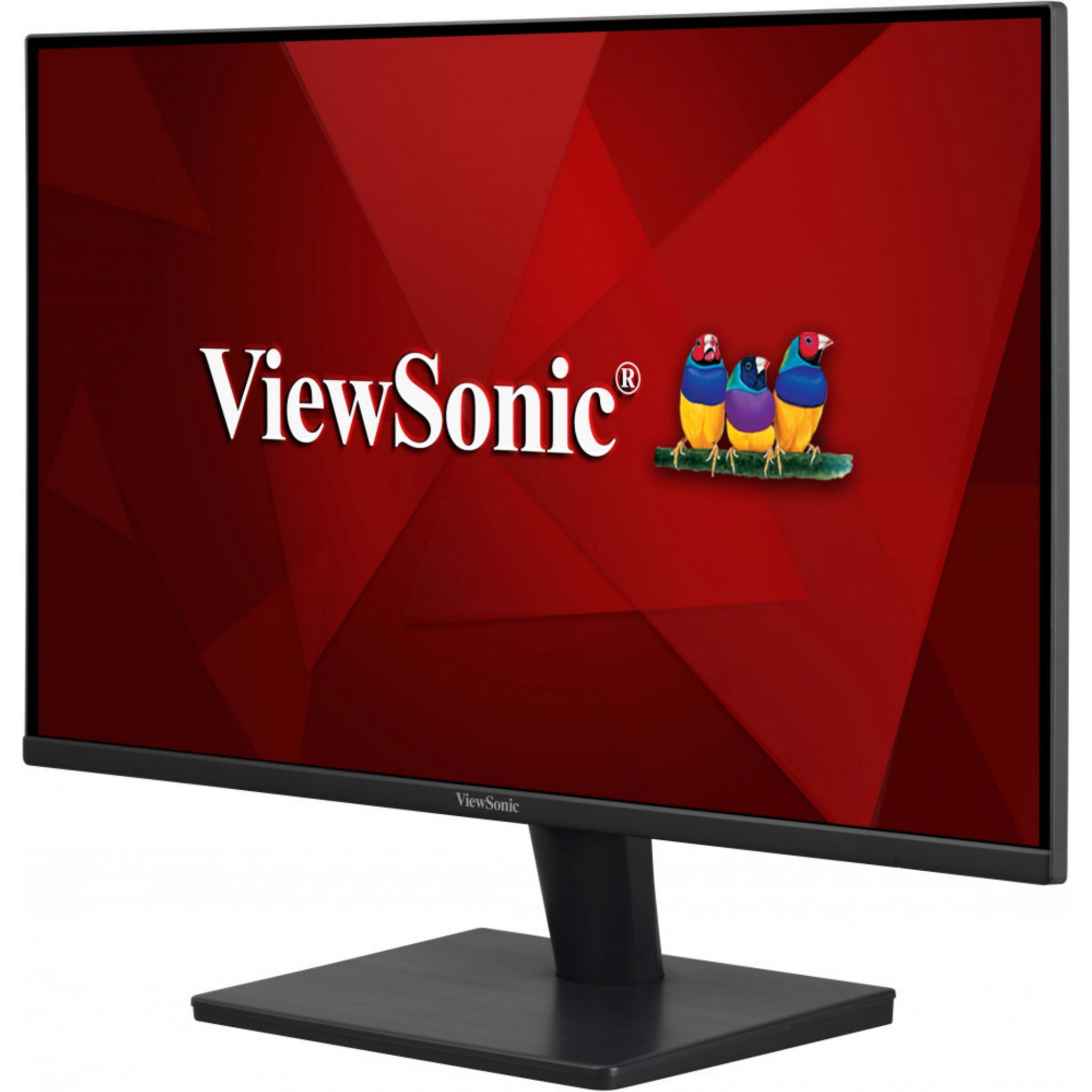 Ein ViewSonic-Monitor mit rotem Hintergrund, ViewSonic-Logo und bunten Vögeln.