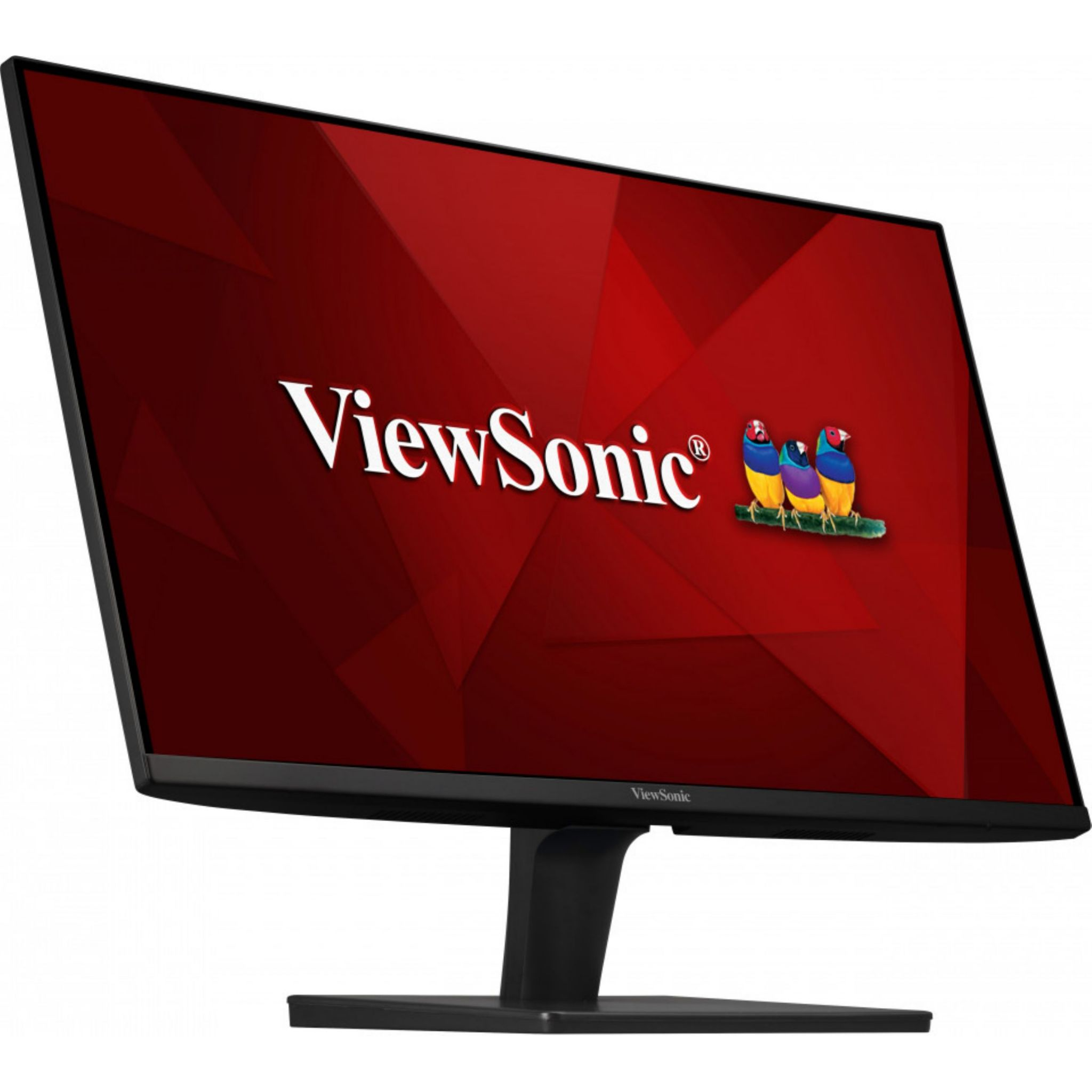 Computerbildschirm mit rotem Bildschirm, zeigt 'ViewSonic' Logo und Vögel.
