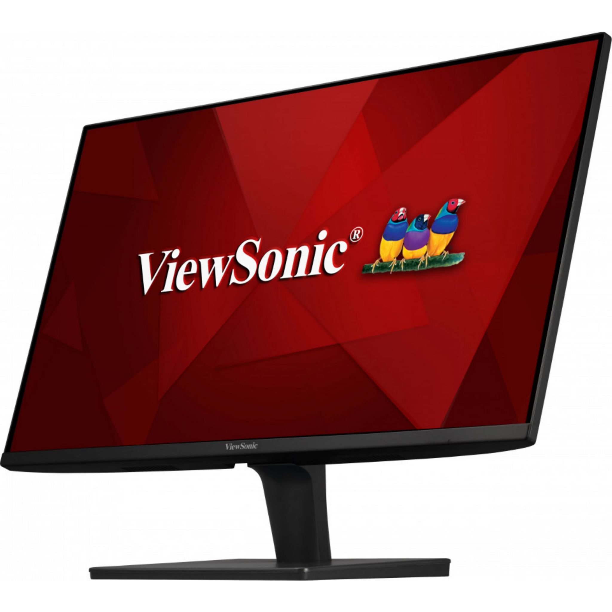 ViewSonic Monitor mit rotem Hintergrund, buntem Vogellogo und schwarzem Rahmen auf Weiß.
