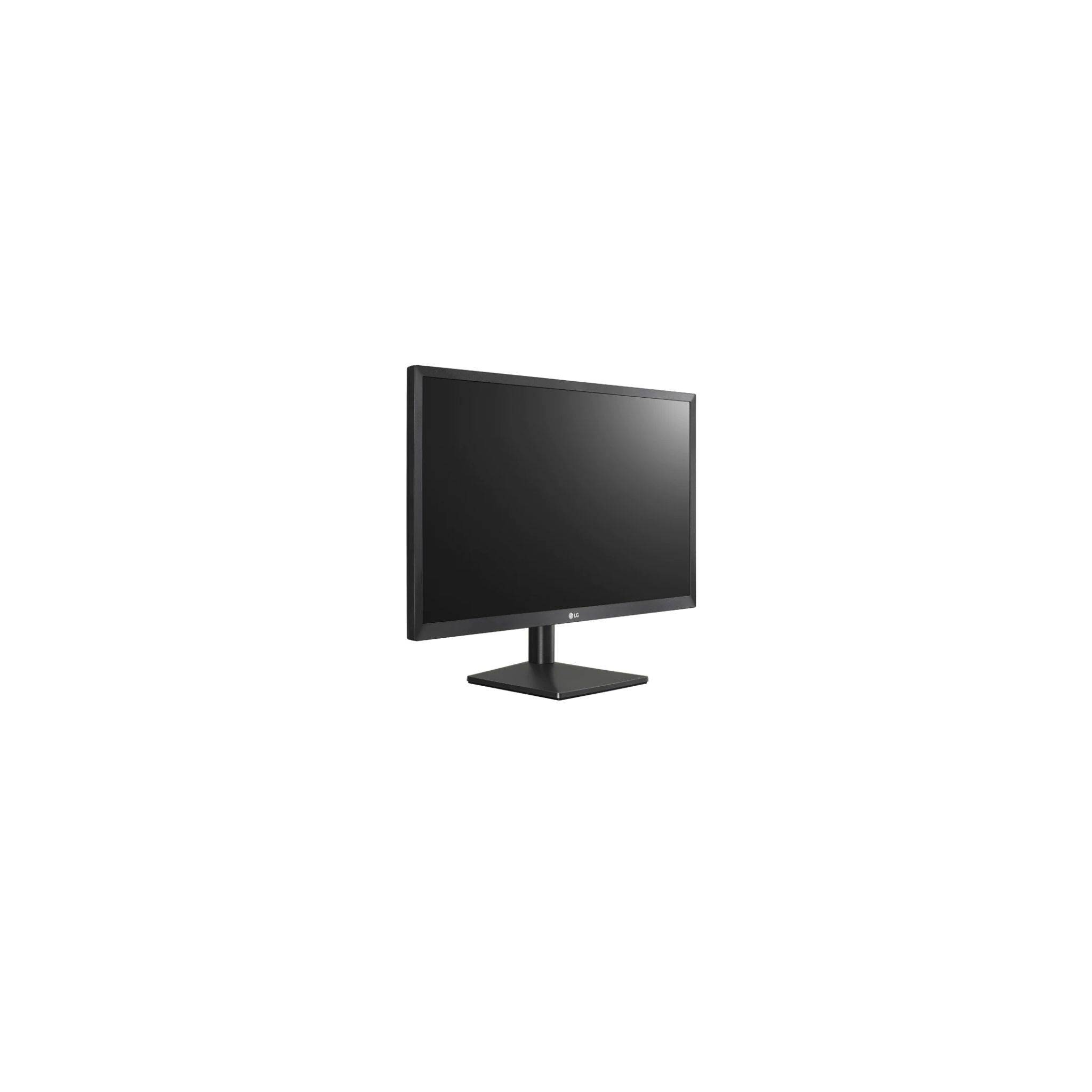 Monitor nero per computer su un supporto, con schermo vuoto, su sfondo bianco.