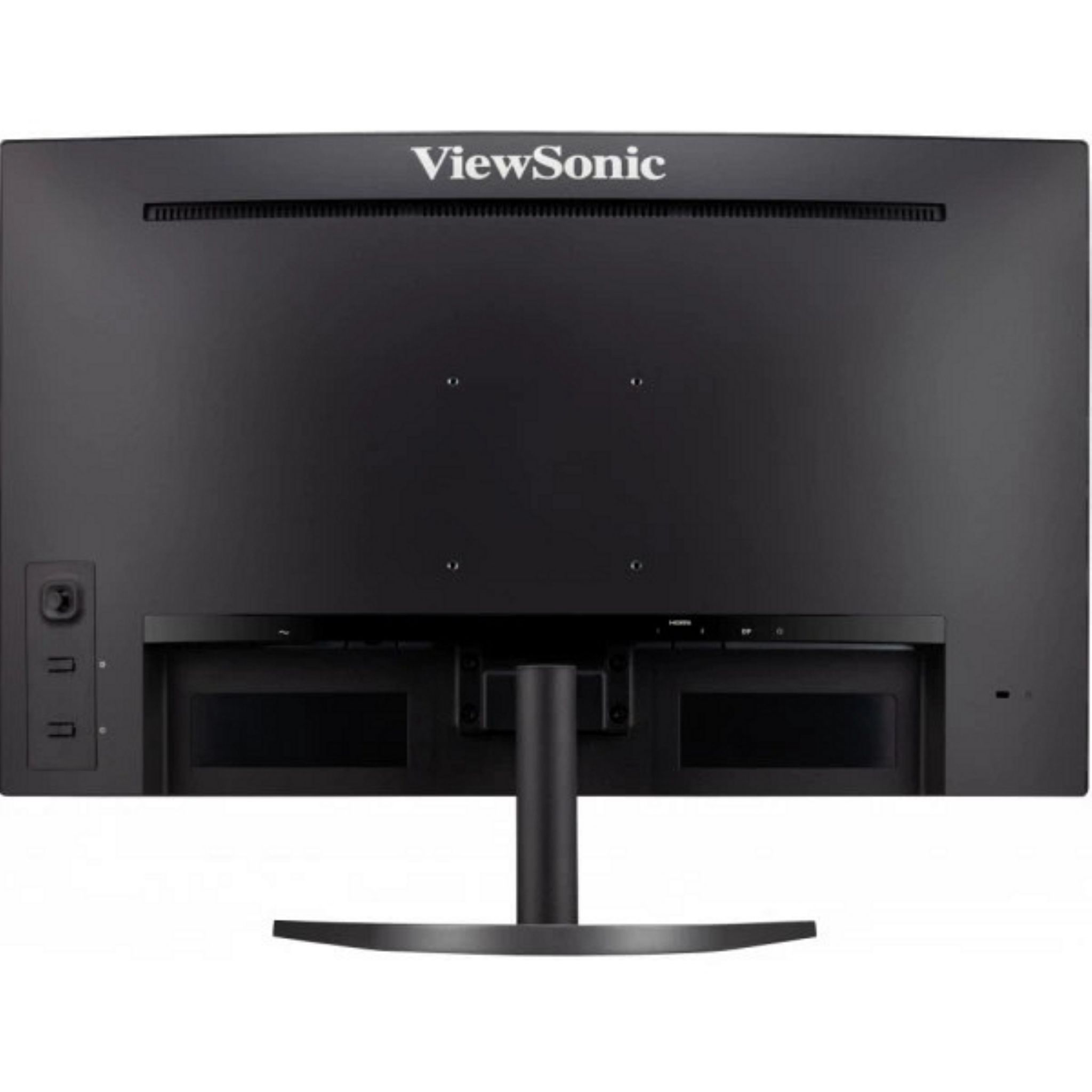 Vista trasera de un monitor ViewSonic negro con el logotipo de ViewSonic y varios puertos.