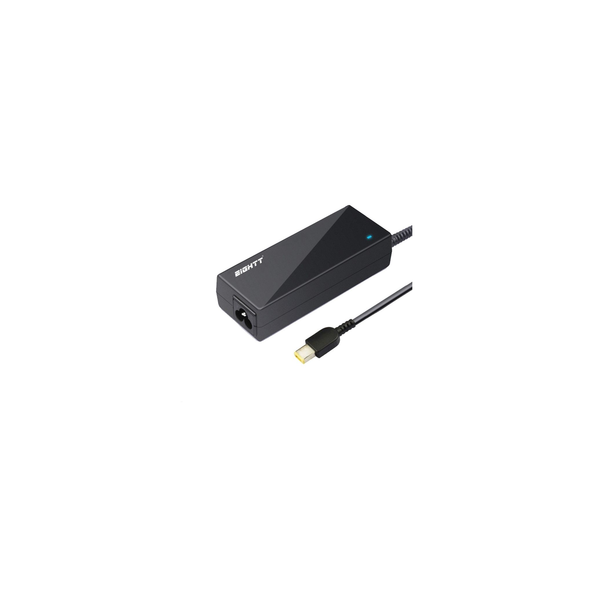Un adaptador de corriente negro con un cable USB-C, con la palabra 'EIGHTT'.