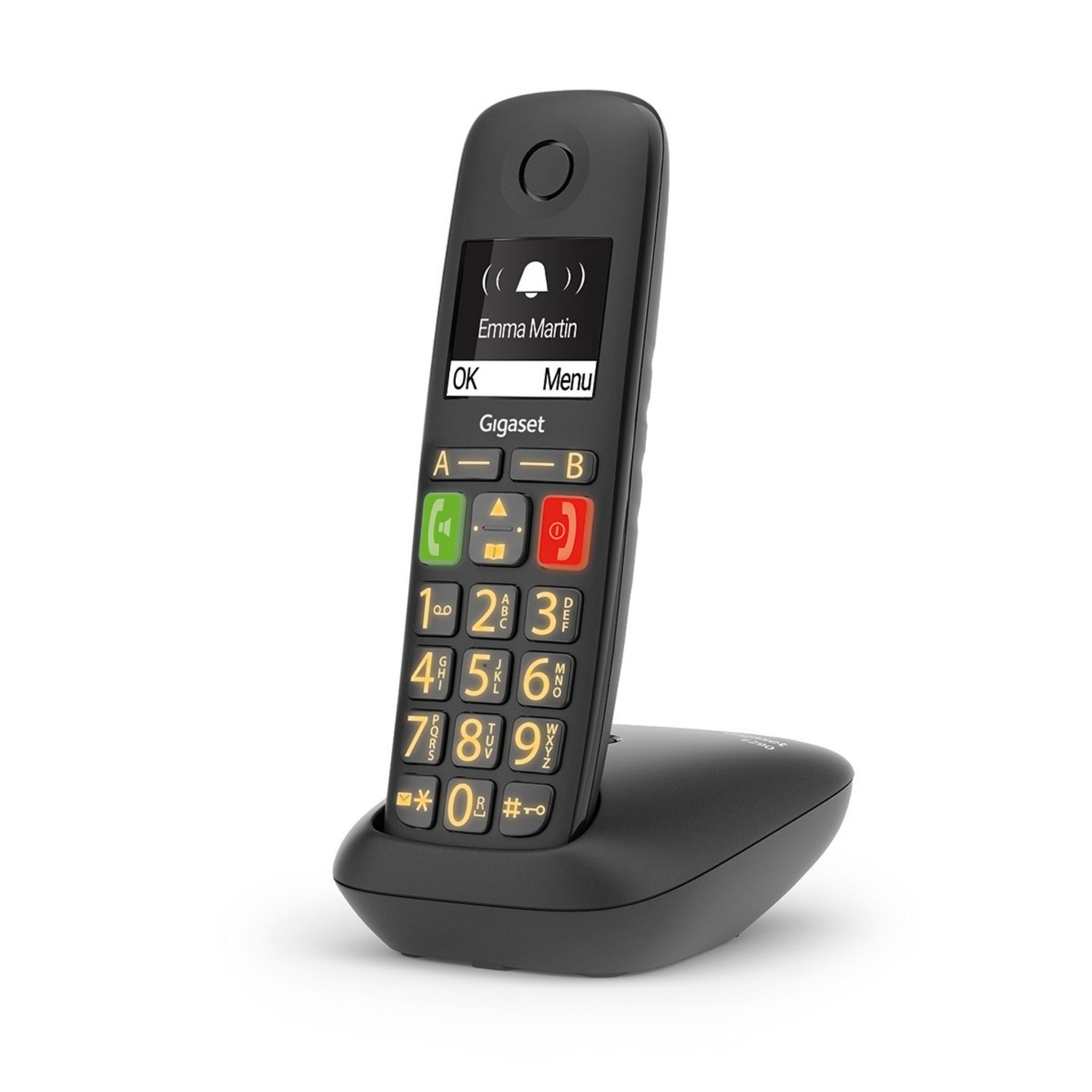 Teléfono inalámbrico negro con base. Muestra pantalla con información de contacto.