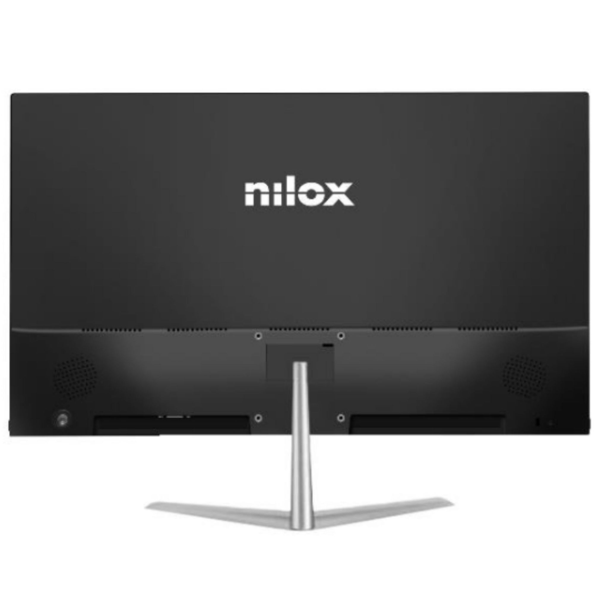 Vista posteriore di un monitor Nilox nero con supporto argentato. Il logo è bianco.
