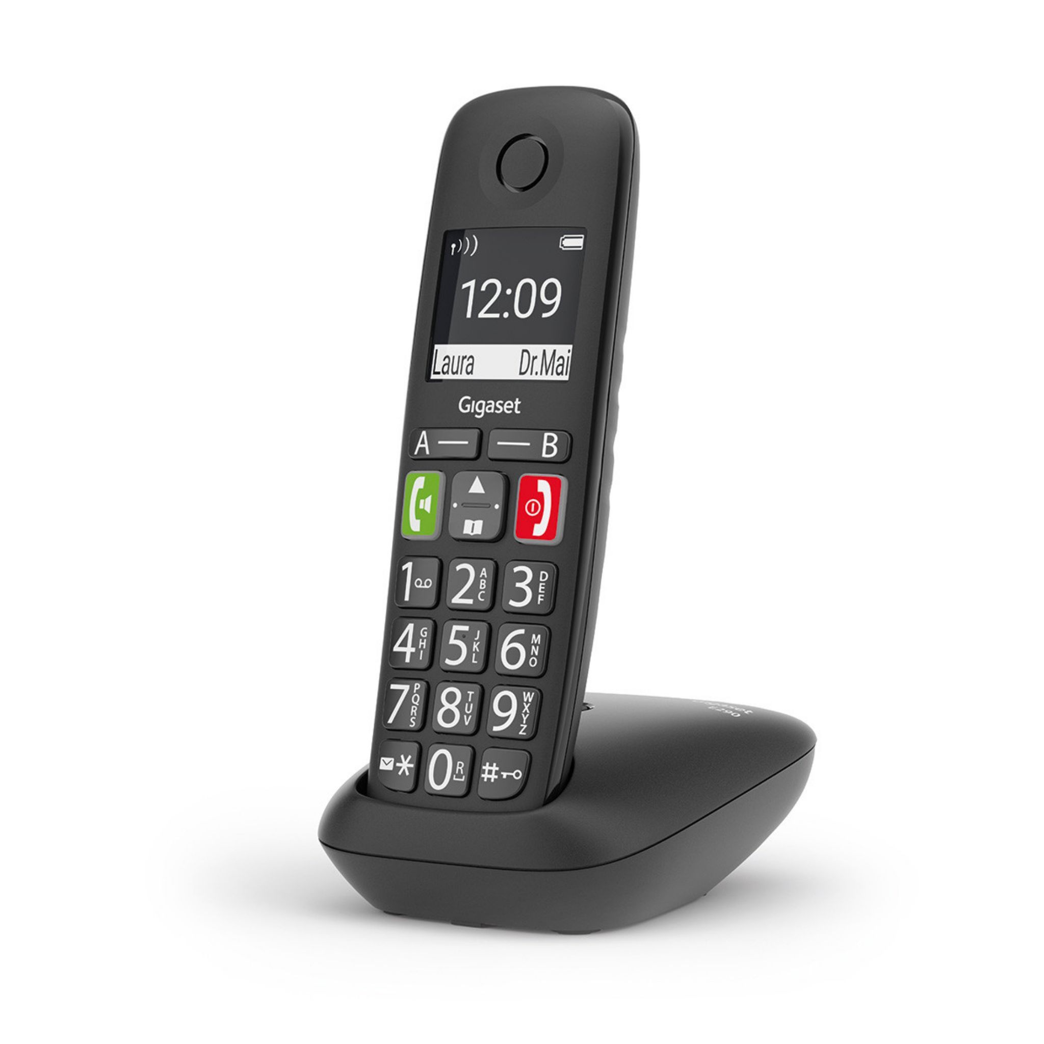 Teléfono inalámbrico negro con una pantalla que muestra la hora y la información del llamante. Base incluida.