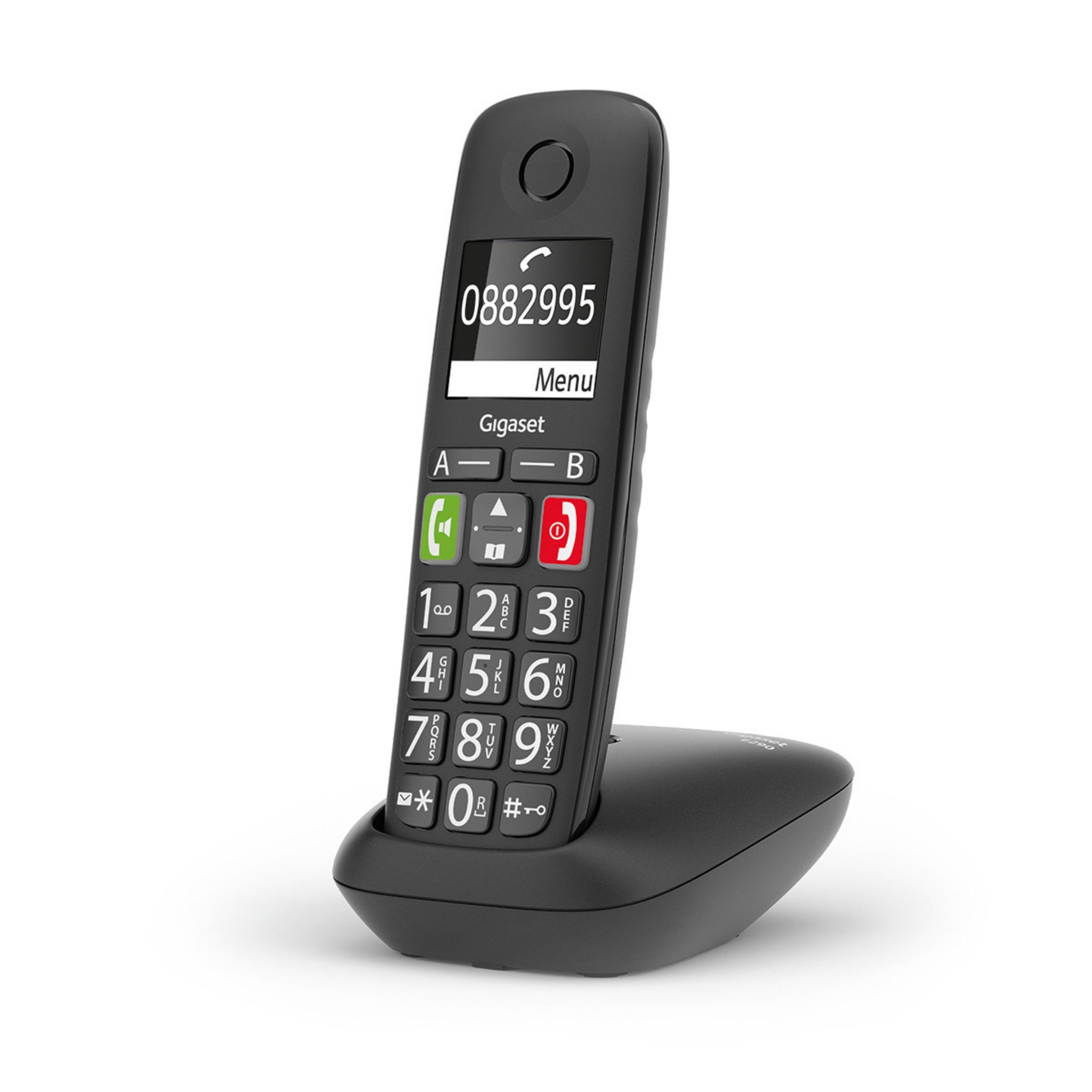 Teléfono inalámbrico negro con número en pantalla. La base también es negra.