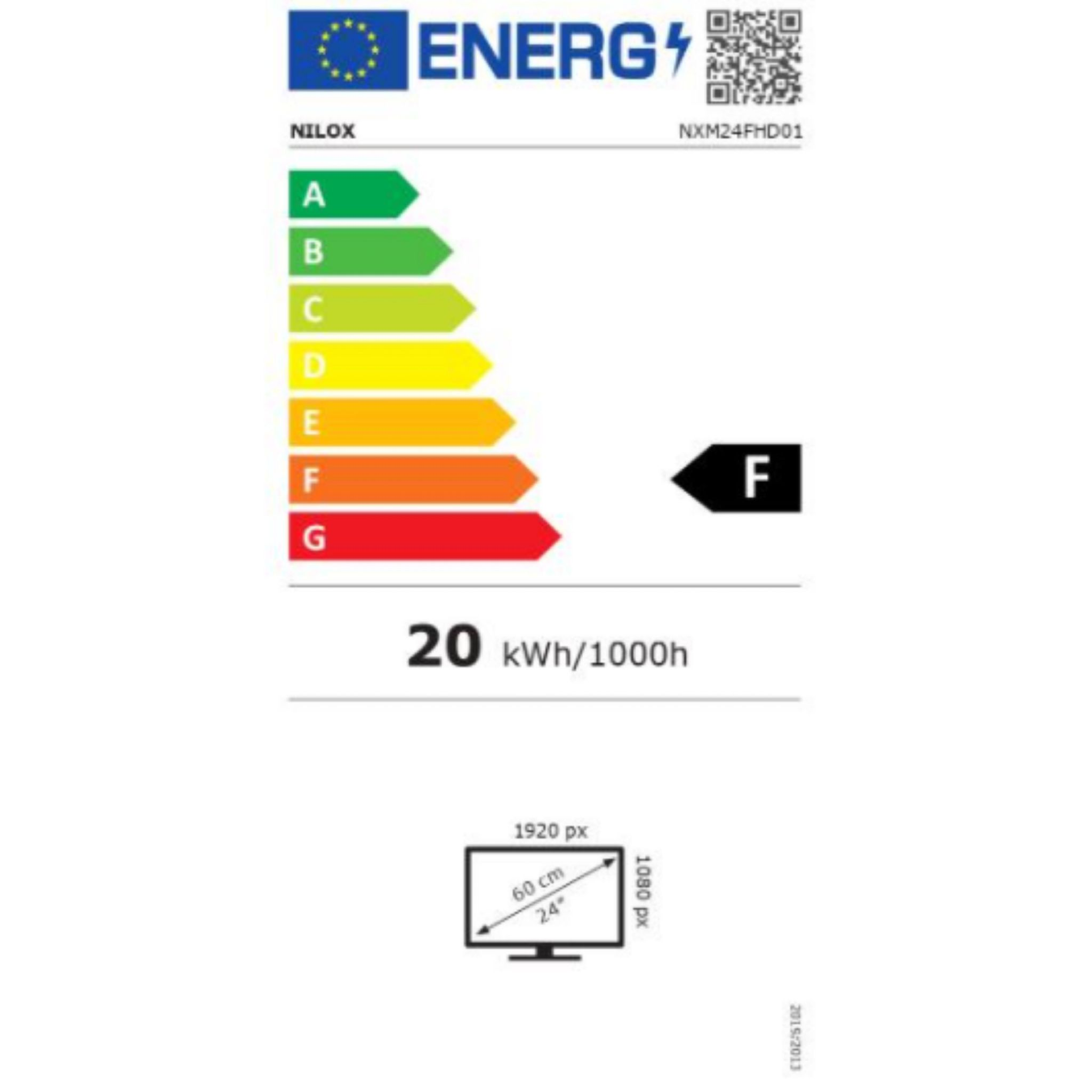 Etichetta energetica per un monitor. Mostra le classi di efficienza energetica e le specifiche tecniche.