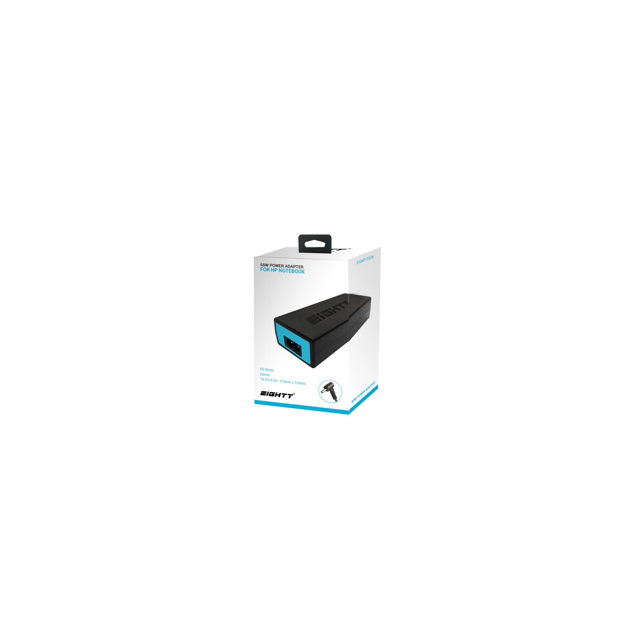 Caja con adaptador para portátil HP. Colores negro y azul.