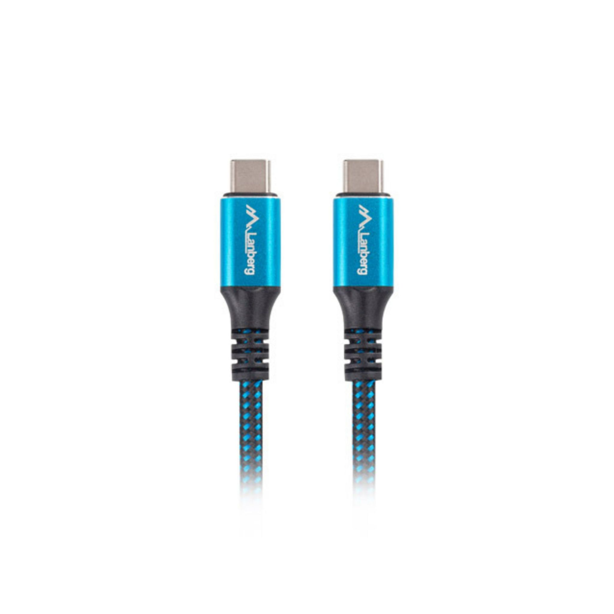 Cavi USB-C blu con marchio Lanberg. Hanno un design intrecciato nero e blu.