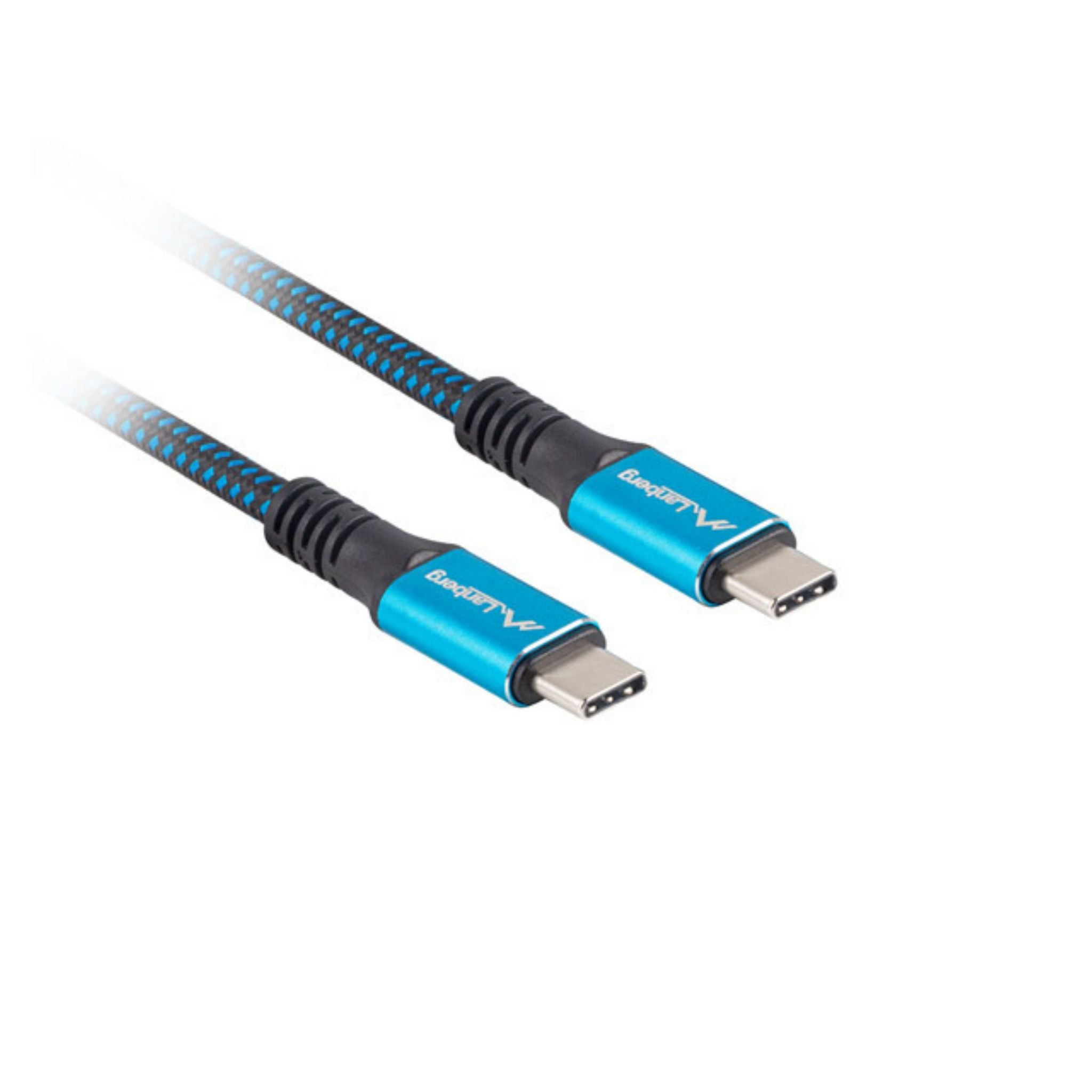 Due cavi USB-C blu e neri. Sono collegati a uno sfondo scuro.