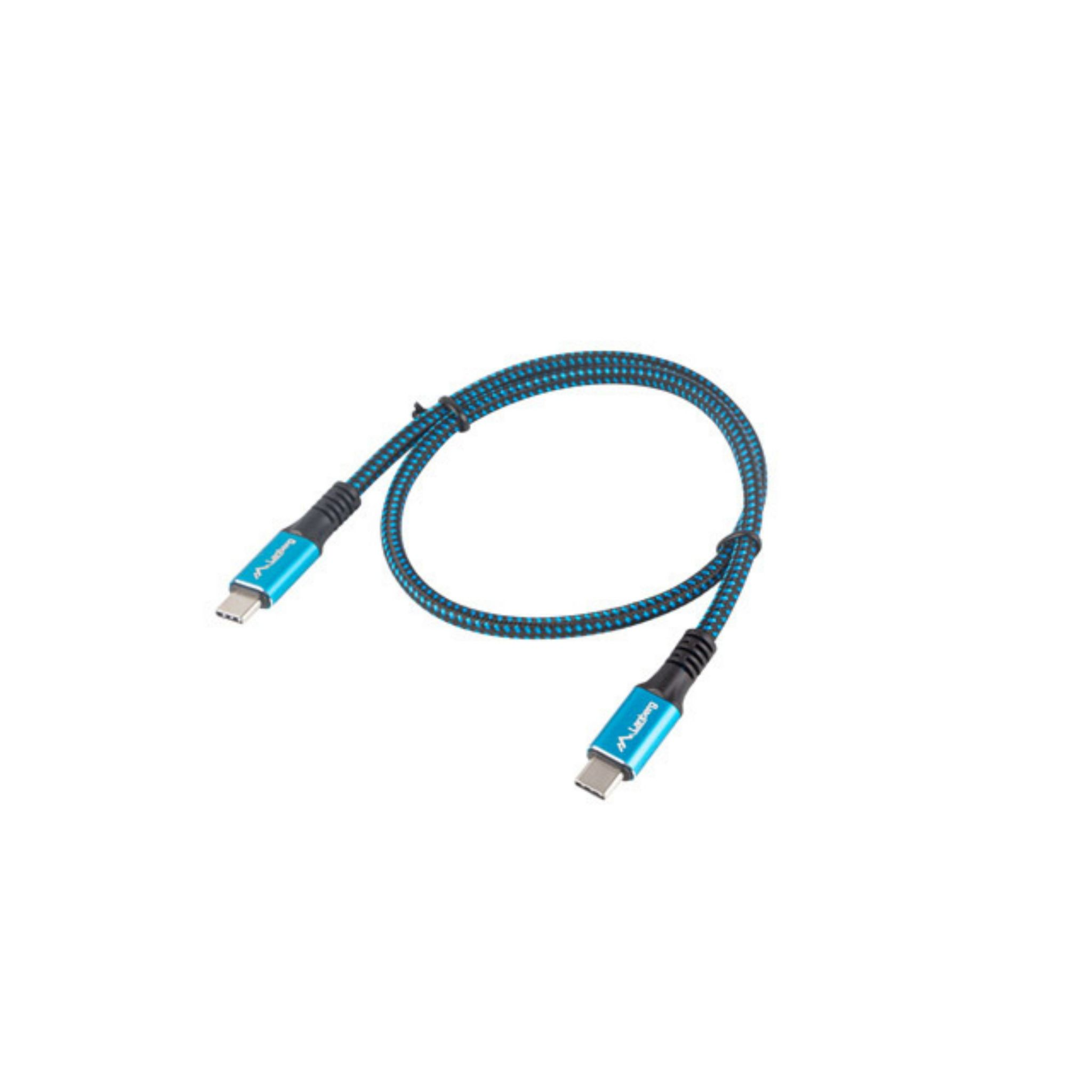 Cavo USB-C blu e nero su sfondo bianco.