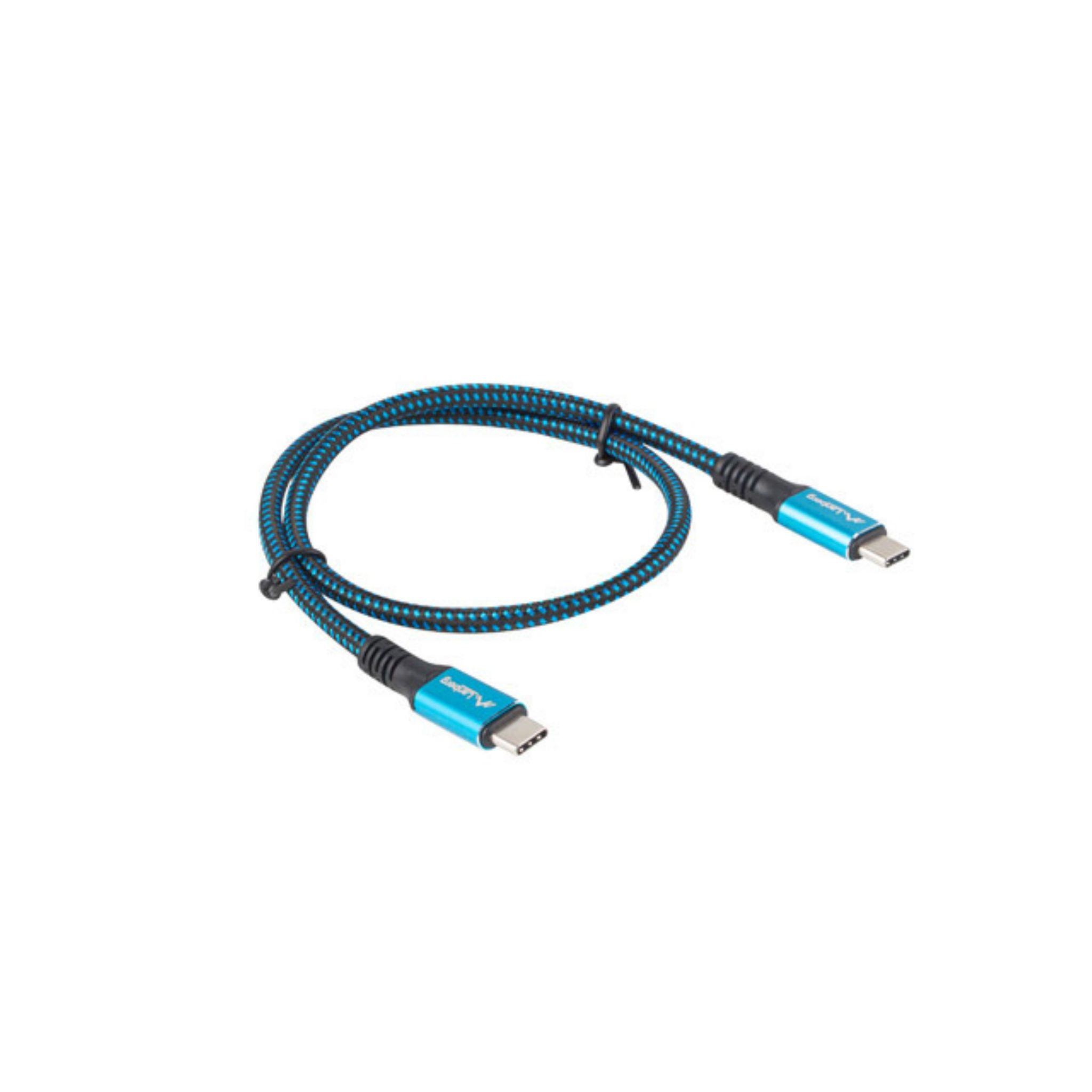 Cavo USB-C blu e nero. Due connettori a ciascuna estremità del cavo.