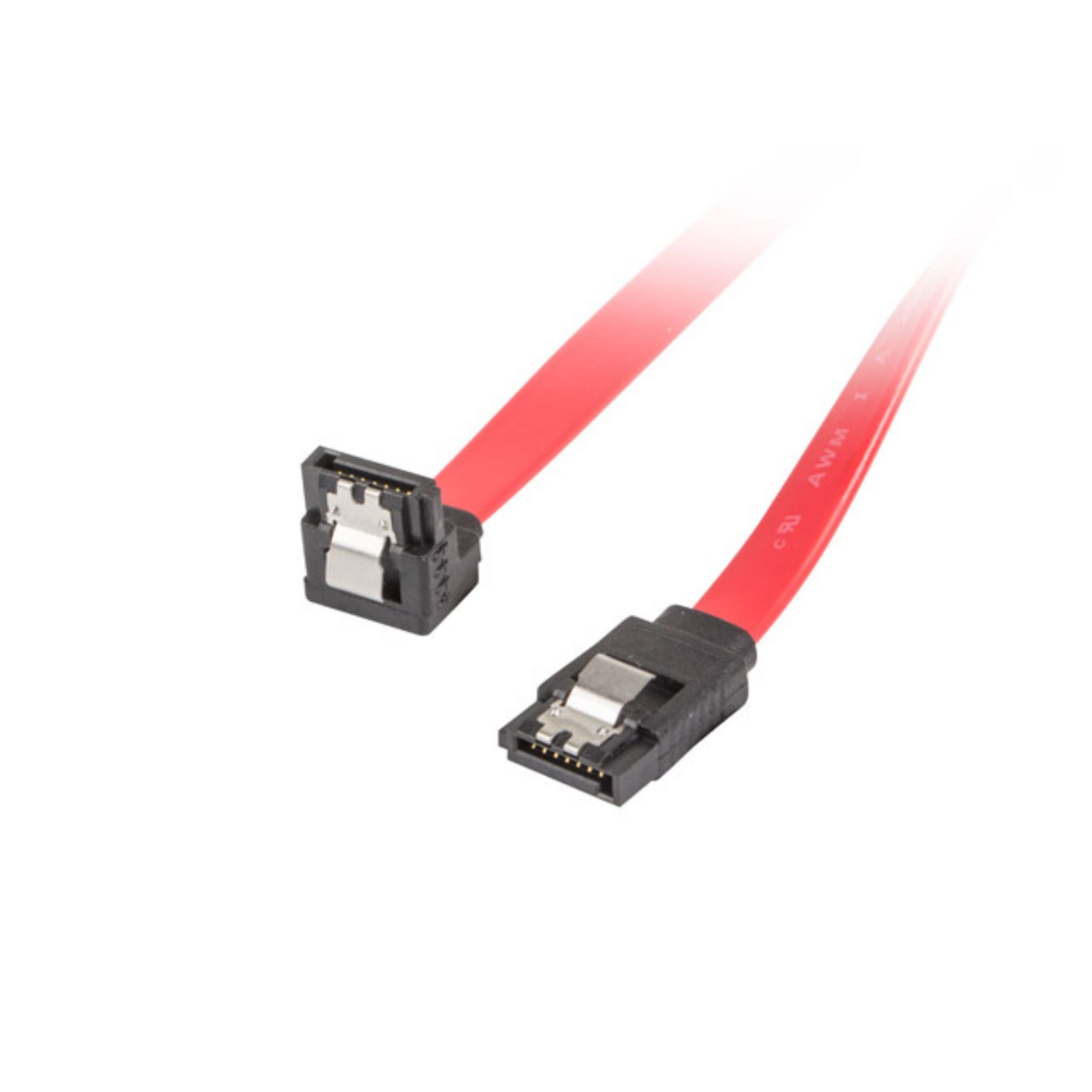 Cavo SATA rosso con connettori, sfondo bianco.