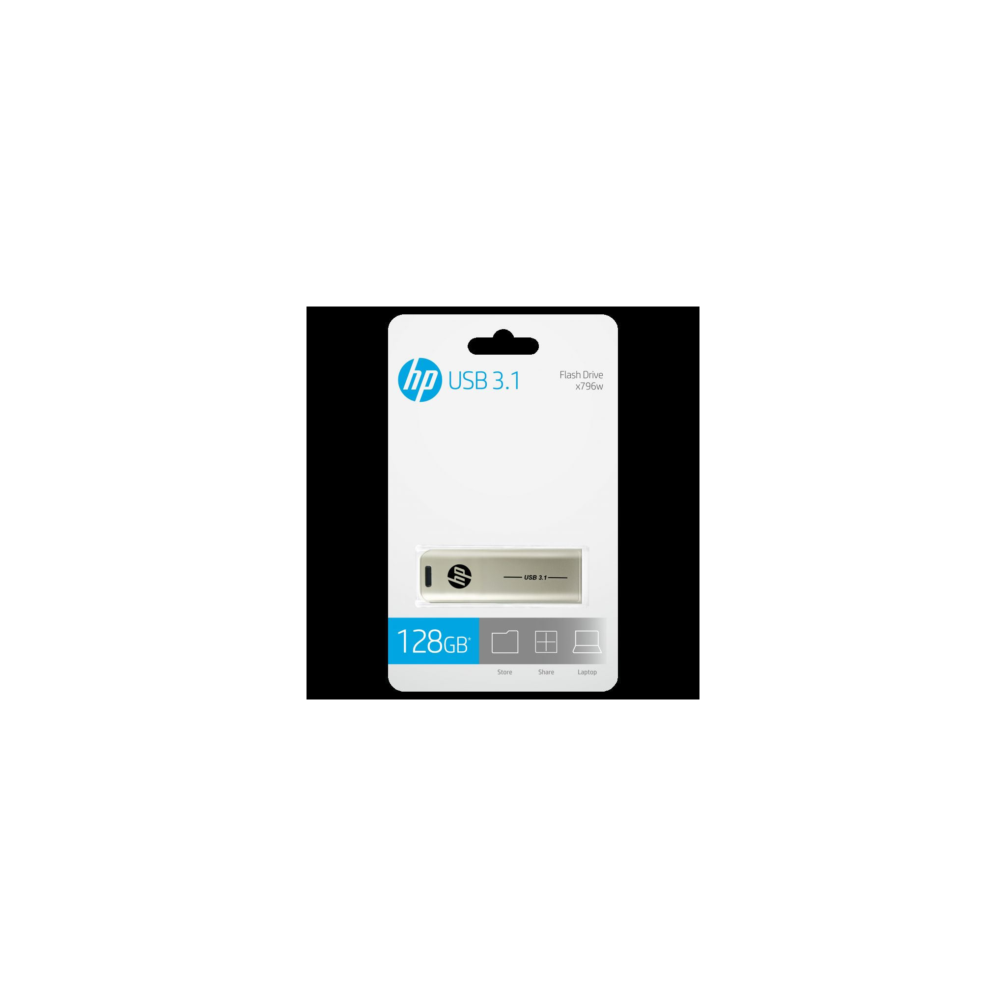 Ein verpackter HP USB 3.1-Flash-Speicher. Die Verpackung ist weiß und blau.
