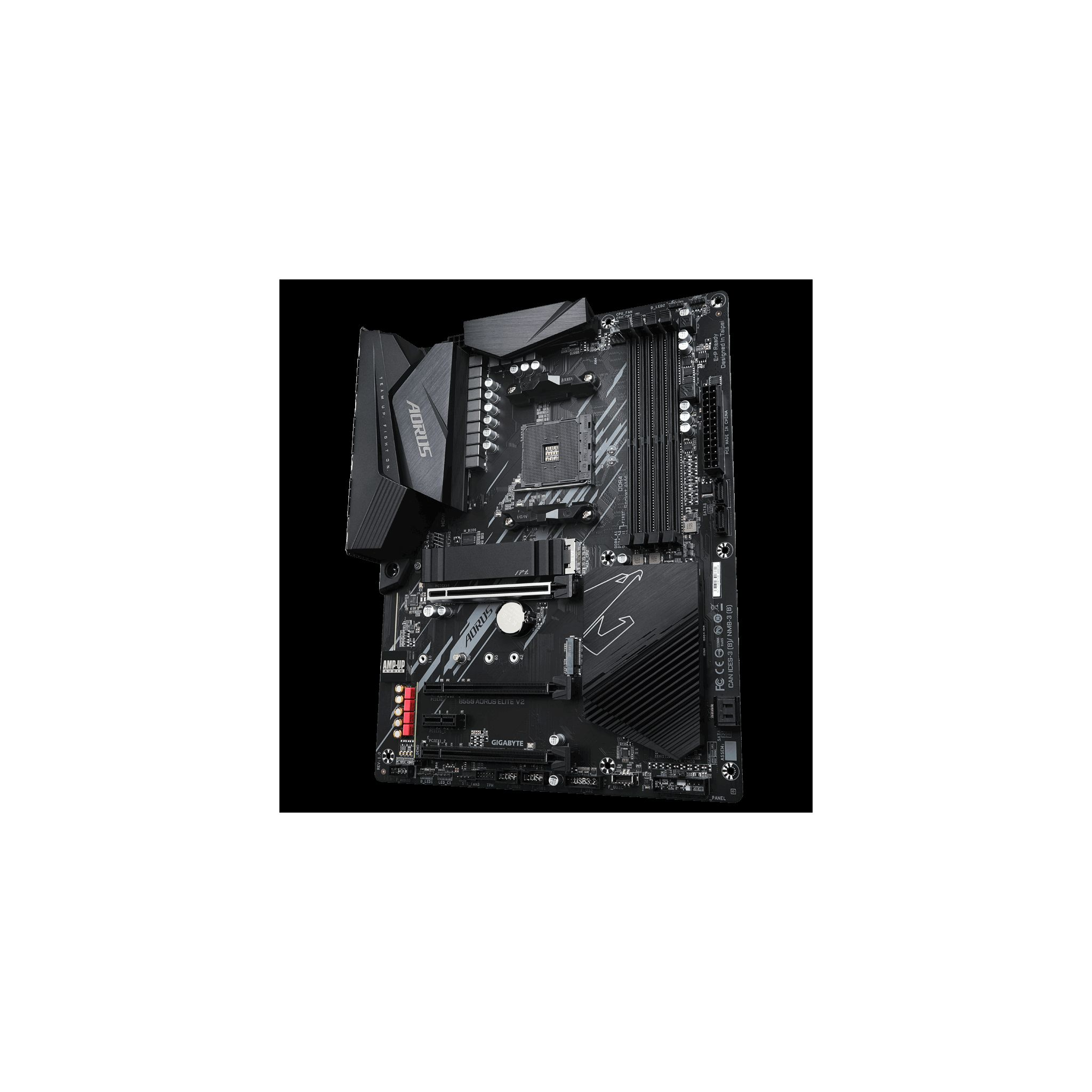 Scheda madre AORUS nera con dissipatori e numerose porte, su sfondo nero.