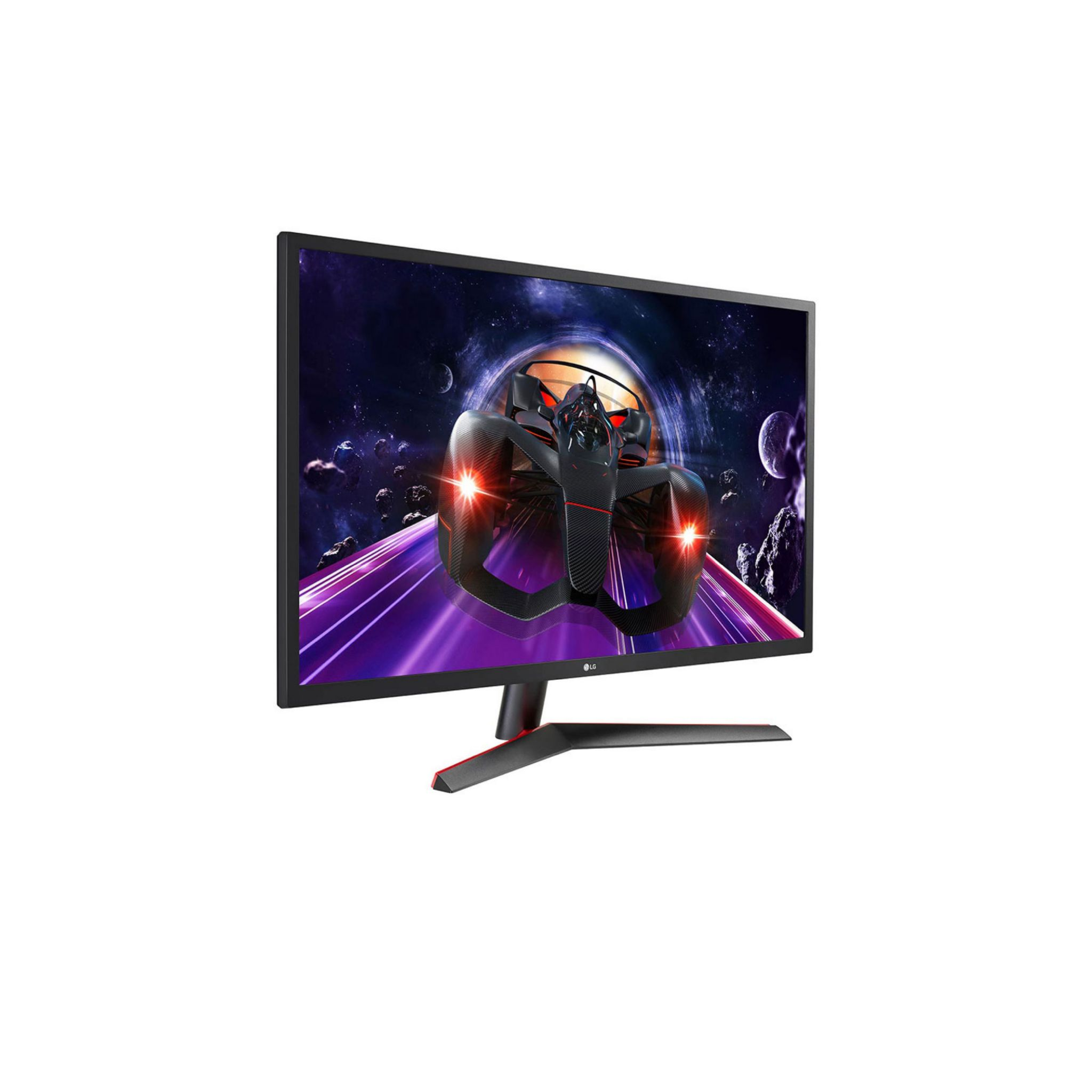 Monitor LG con scena di corse futuristica. Supporto nero e rosso.