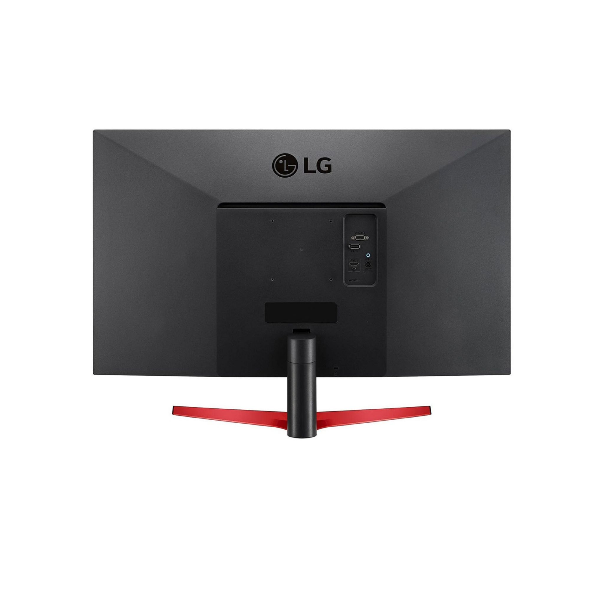 Il retro di un monitor LG nero con accenti rossi sul supporto.