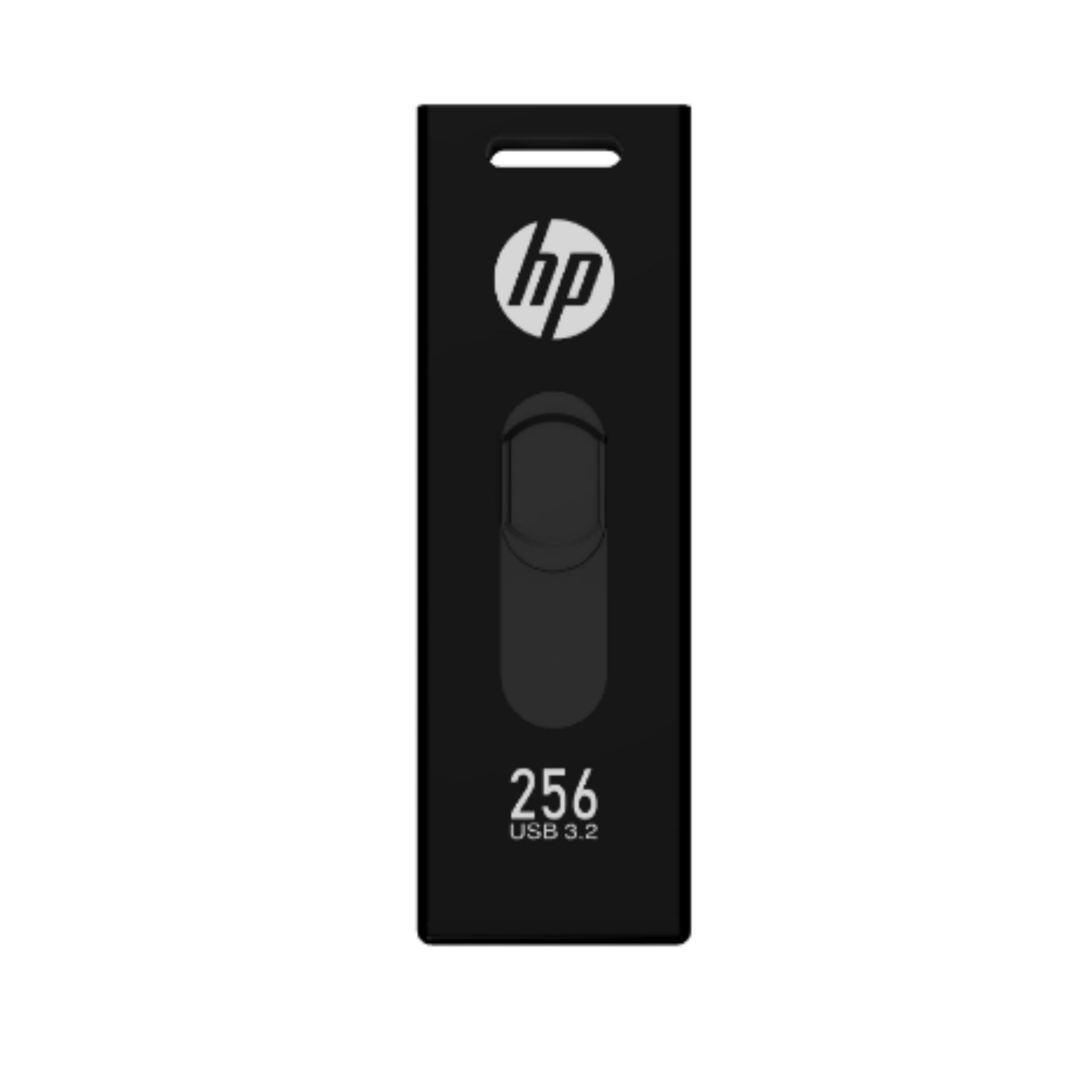 Czarny pendrive HP z logo HP i nadrukiem '256 USB 3.2'.