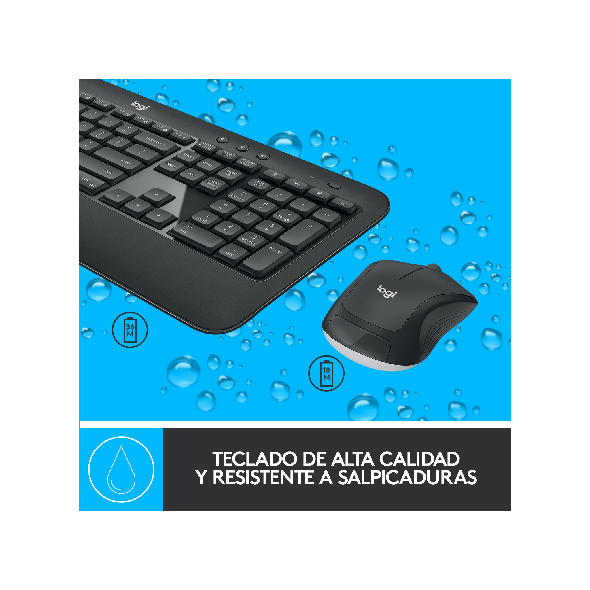 Czarna klawiatura i mysz na niebieskim tle z bąbelkami. Tekst mówi 'wysokiej jakości klawiatura'.