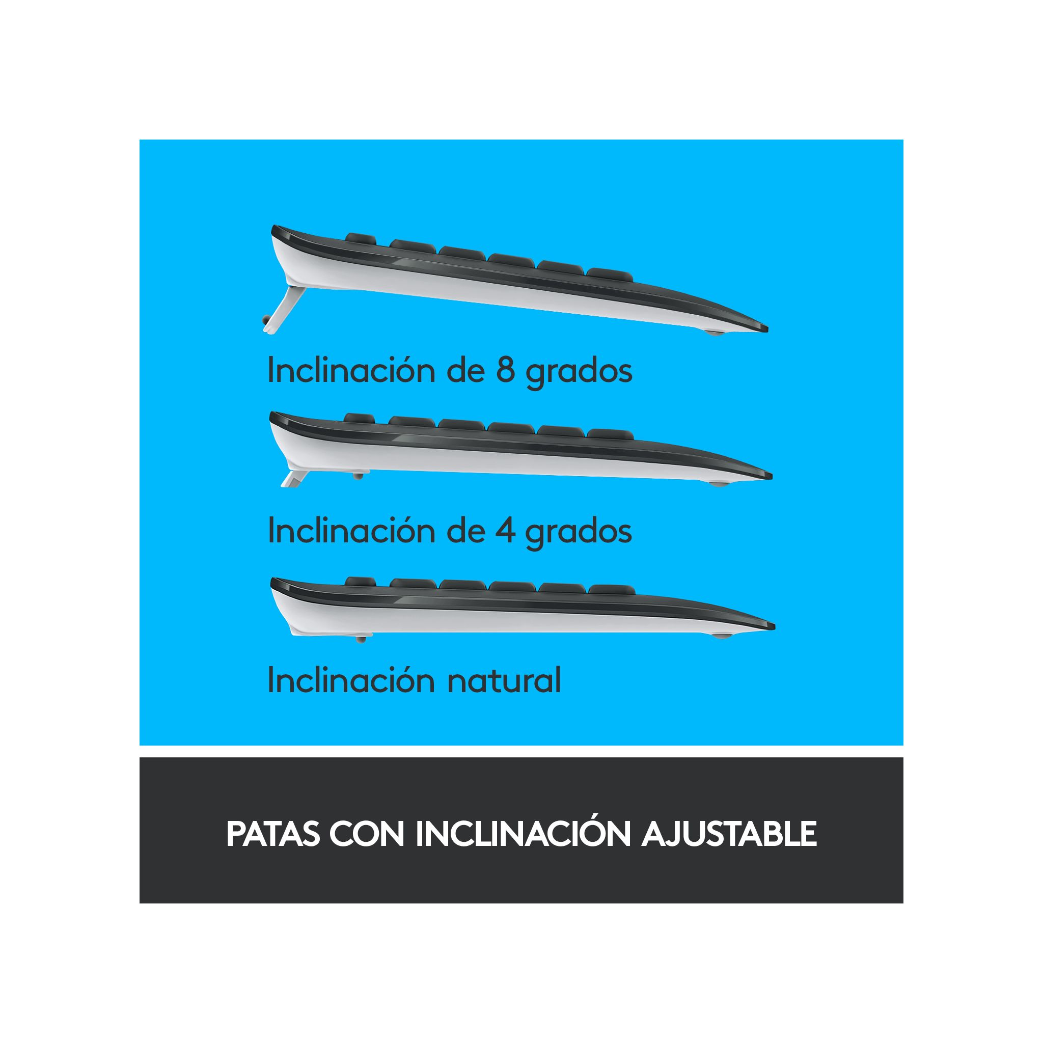 Klawiatura z regulowanym nachyleniem. Trzy kąty pokazane z białym tekstem na niebieskim.