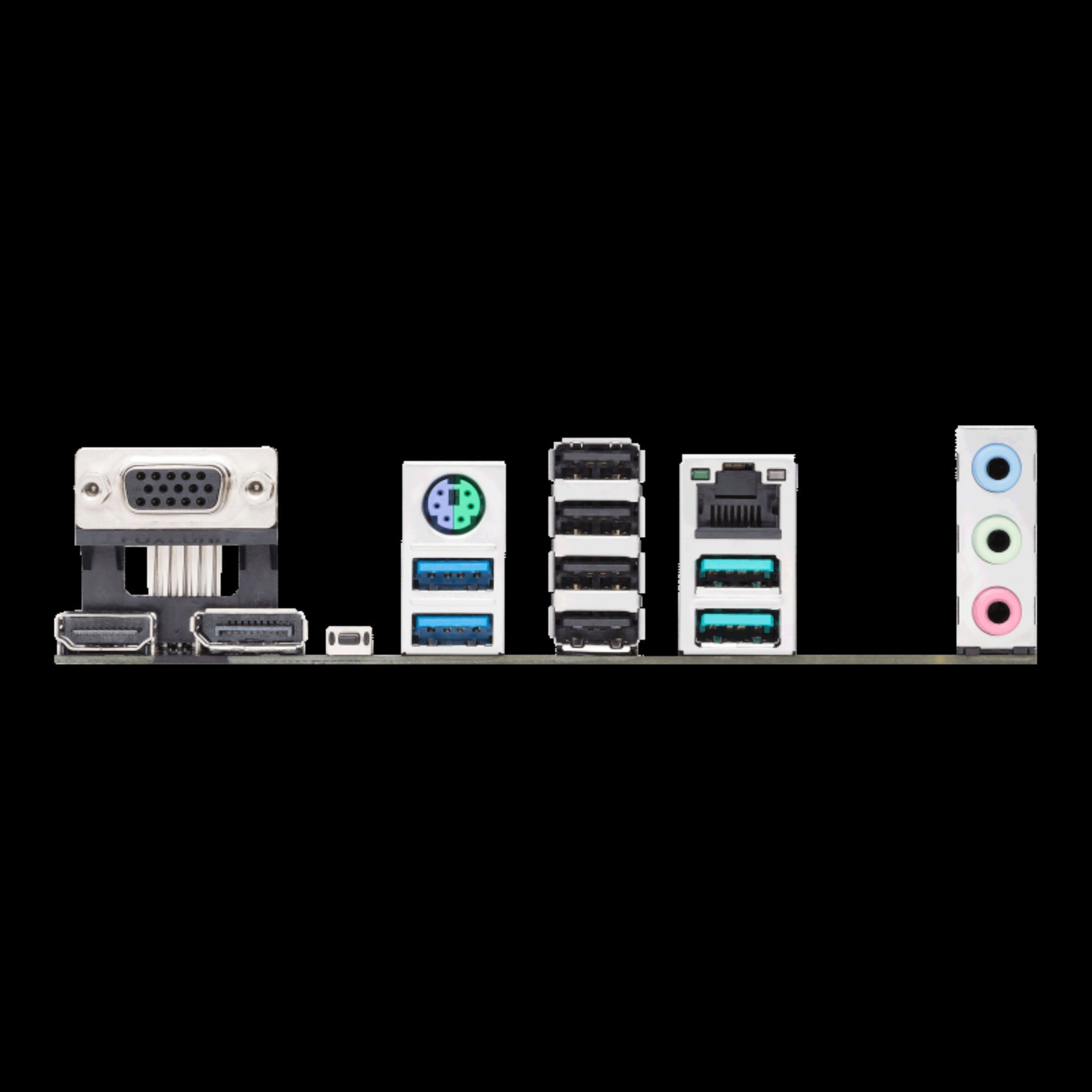 Een computer moederbord met diverse poorten, waaronder USB en audio. De achtergrond is zwart.