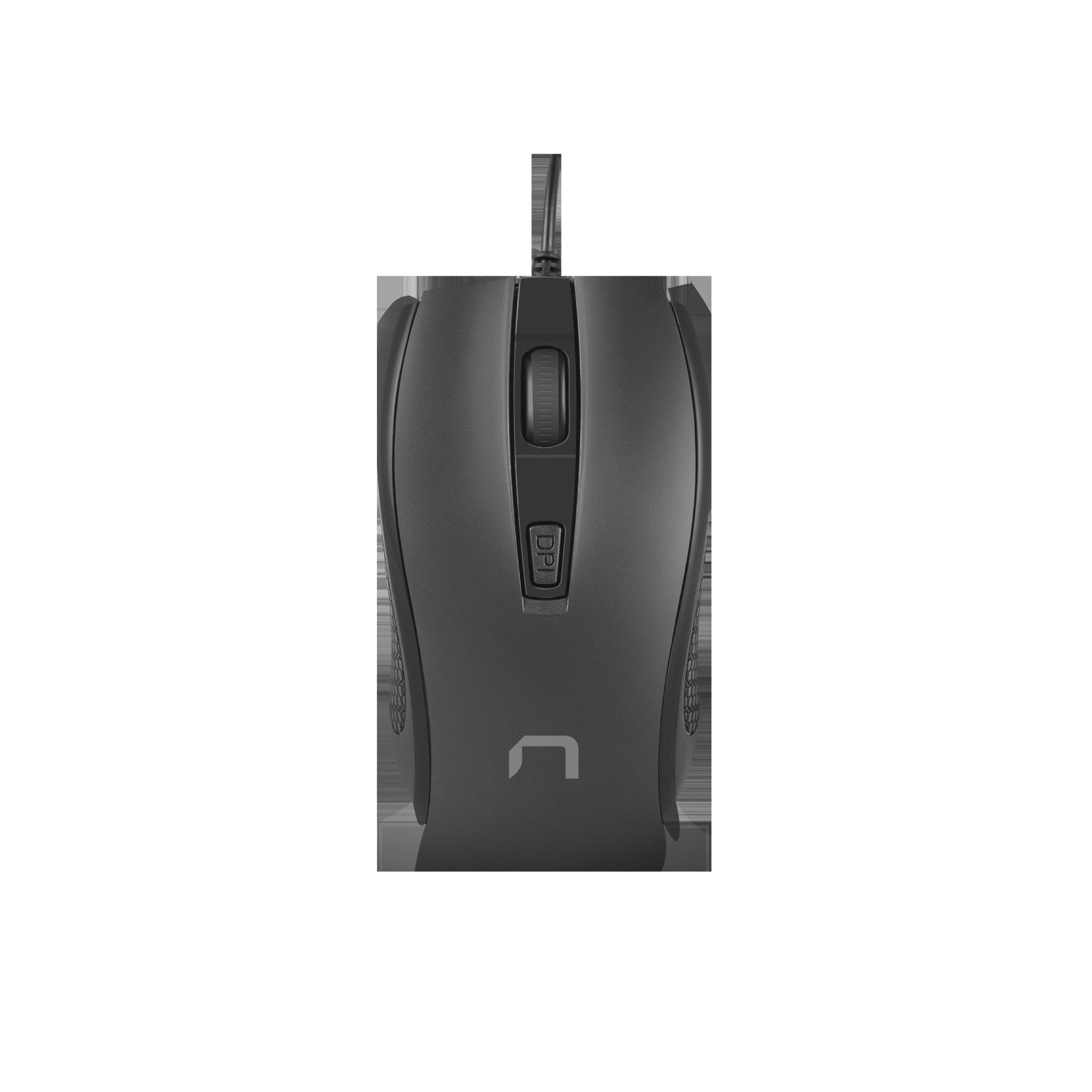 Czarna mysz komputerowa z kółkiem przewijania i dwoma bocznymi przyciskami. Logo 'C'.