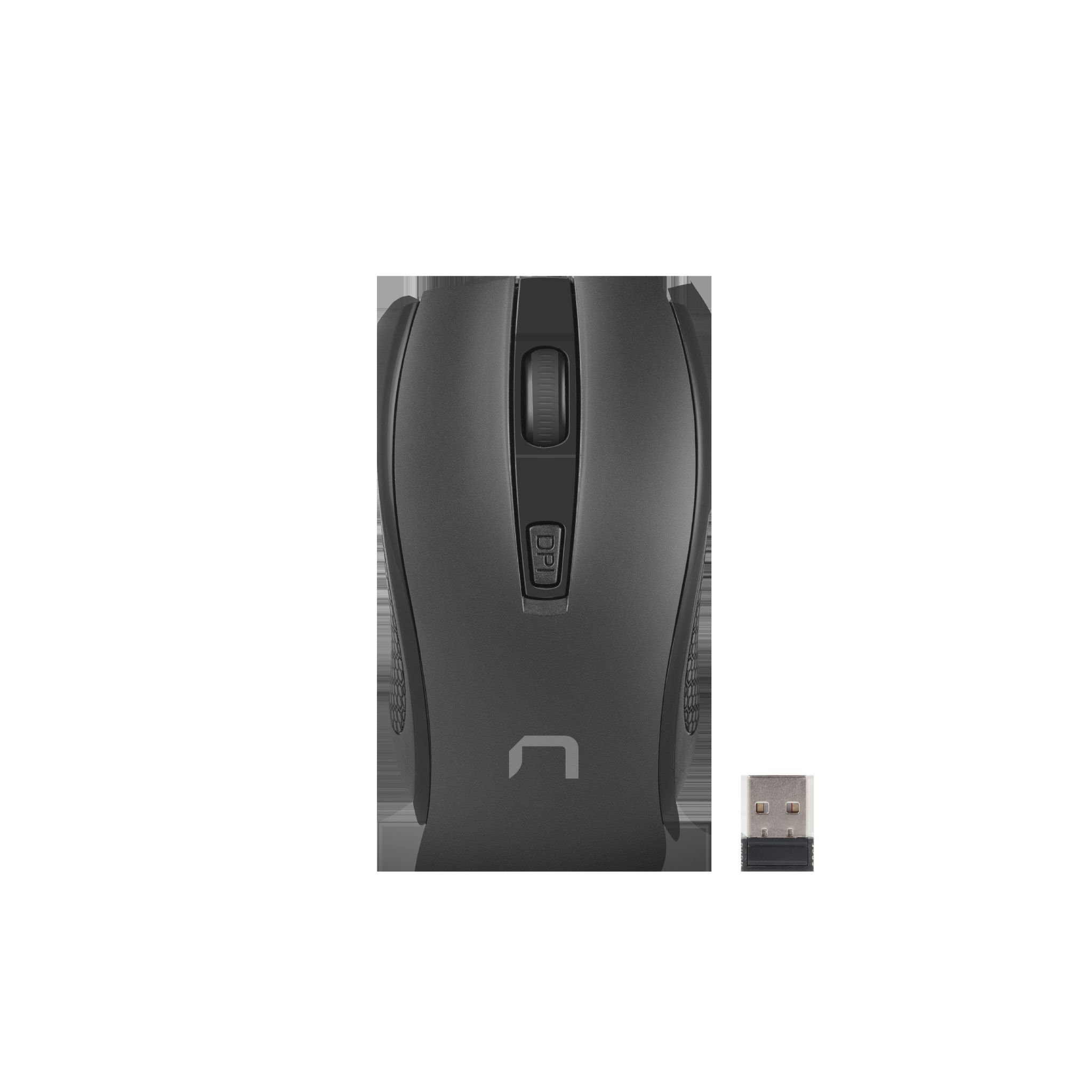 Czarna mysz komputerowa z kółkiem przewijania i przyciskiem DPI oraz odbiornikiem USB.