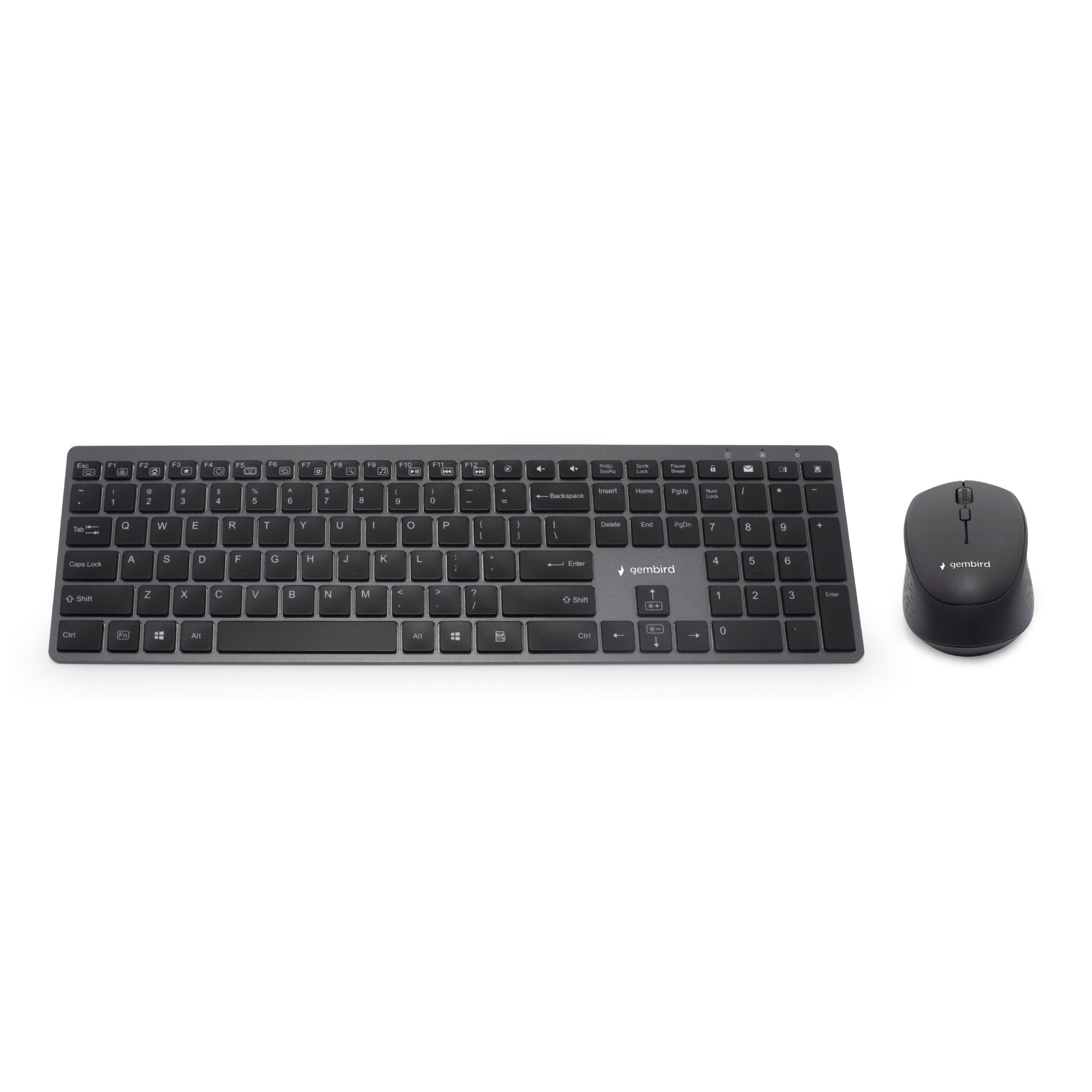 Conjunto de teclado y ratón negros. Ambos dispositivos están sobre una superficie blanca. Logo.