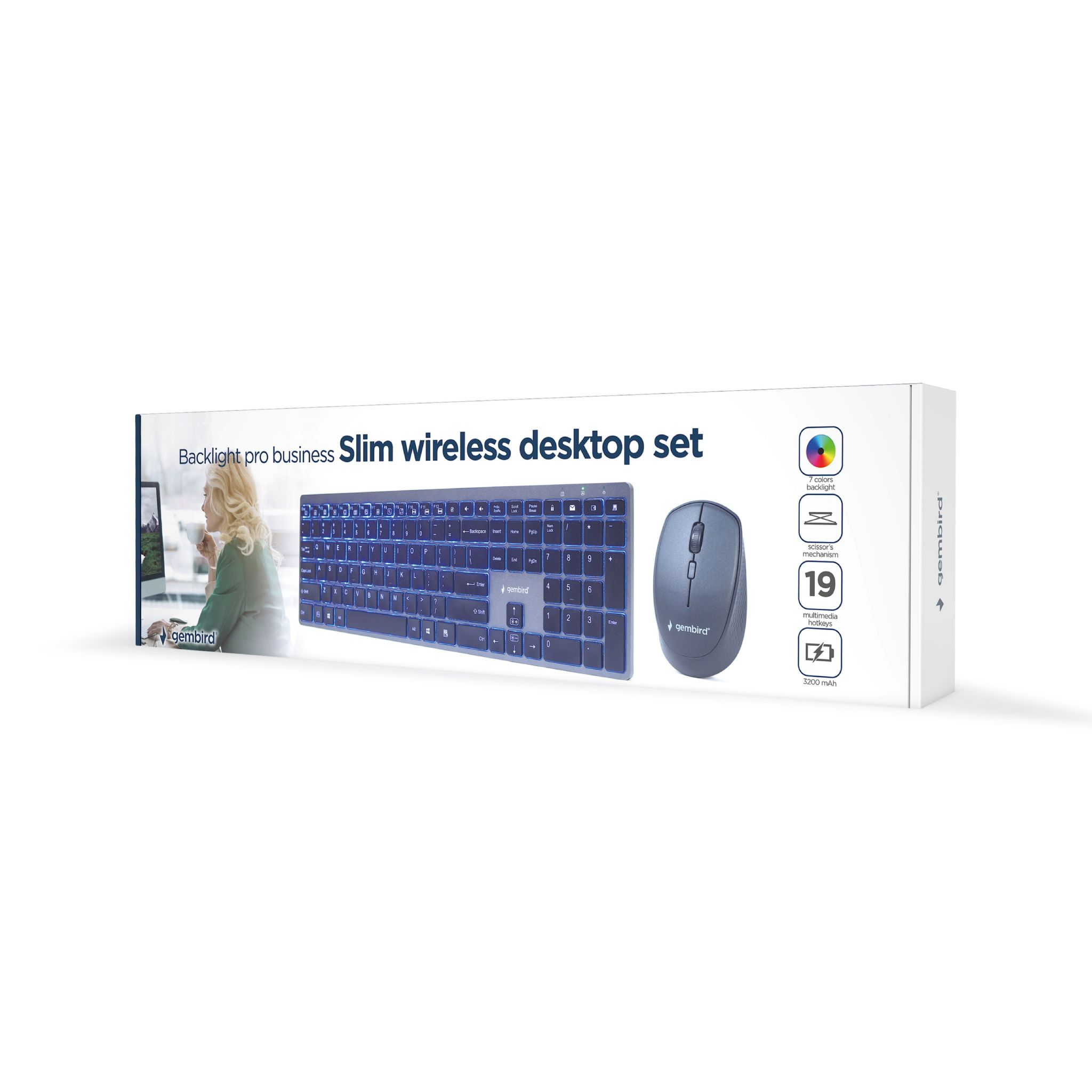 Caja blanca con 'Slim wireless desktop set'. Incluye teclado y ratón.