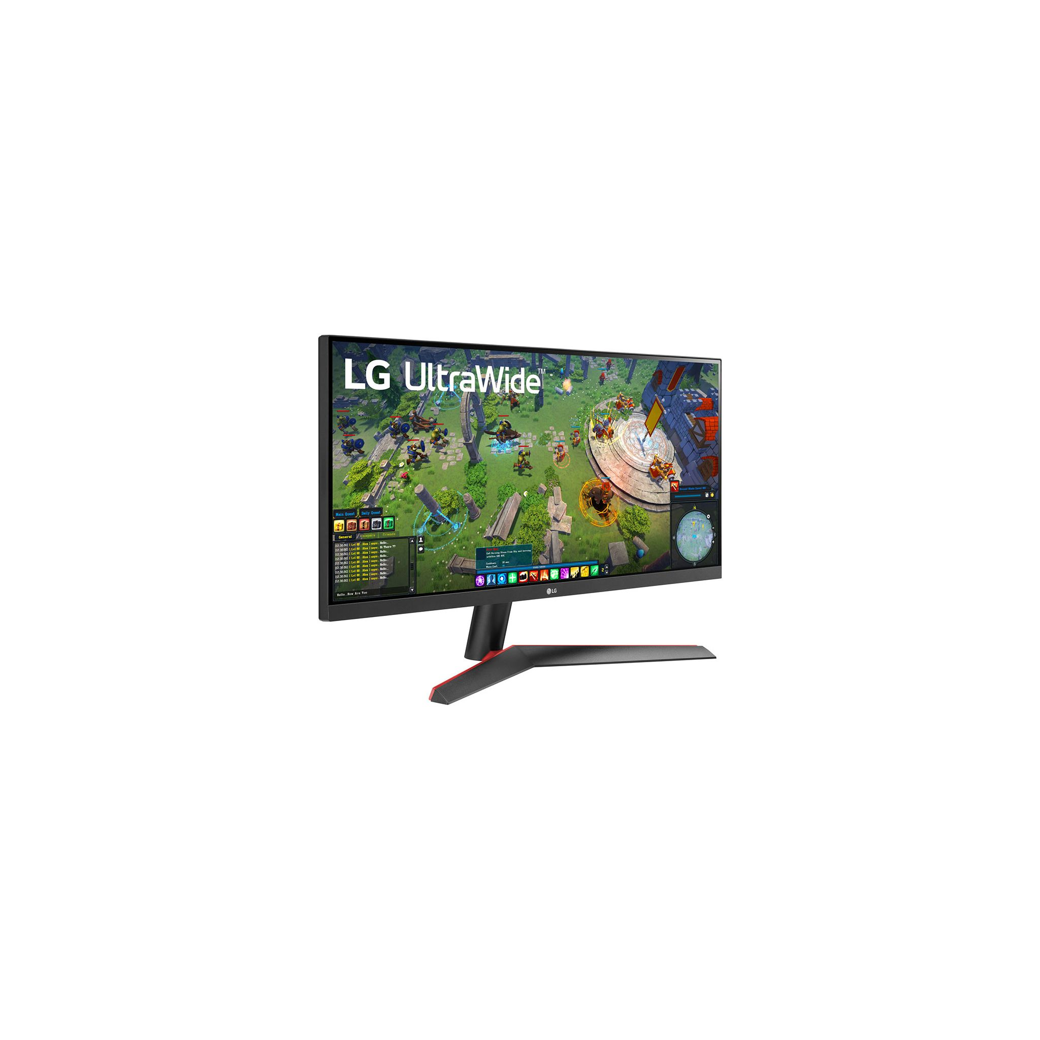 Monitor LG UltraWide con schermo nero. Ha un supporto nero e dettagli rossi. Sfondo bianco.