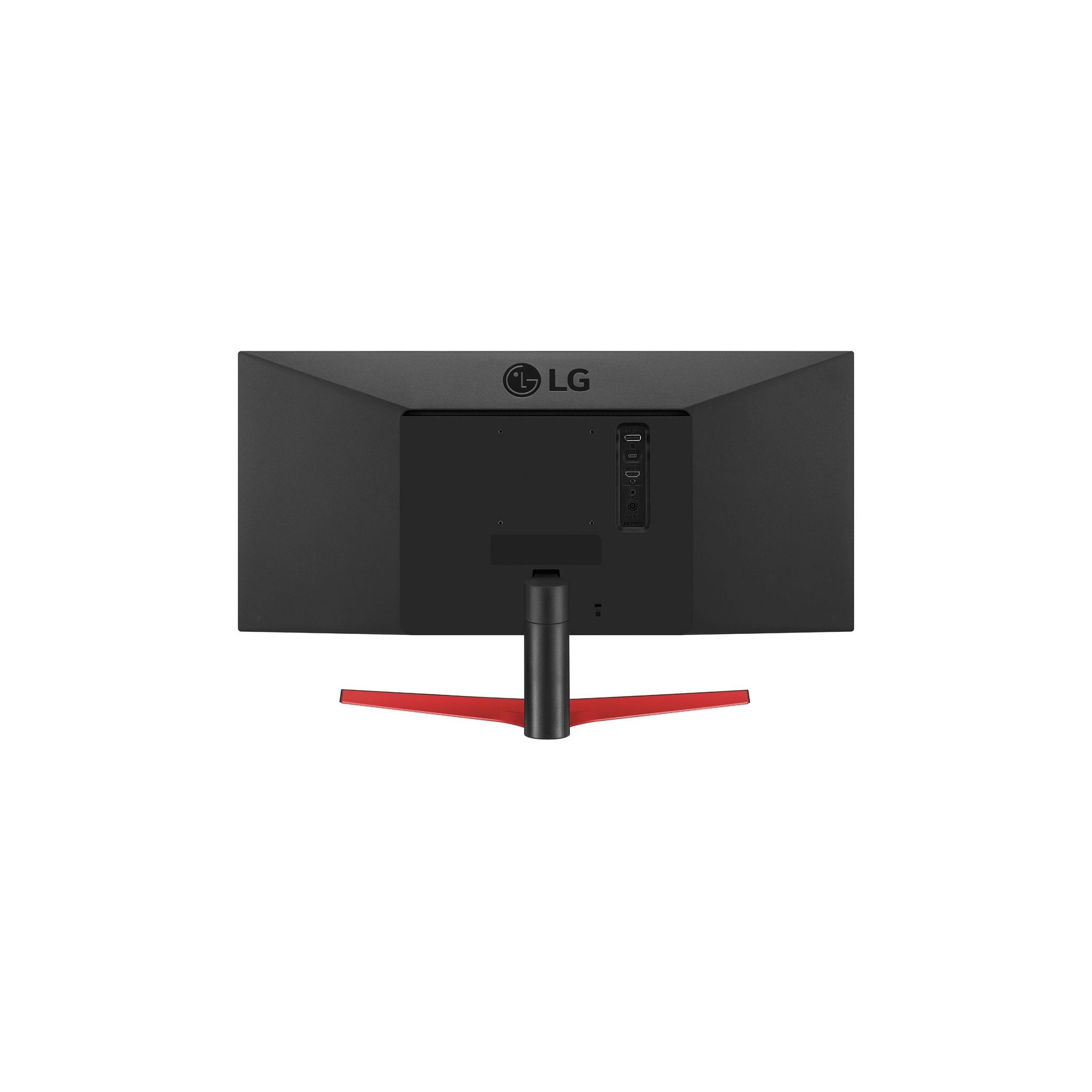 Retro di un monitor nero con supporto rosso e porte. Sfondo nero, logo LG visibile.