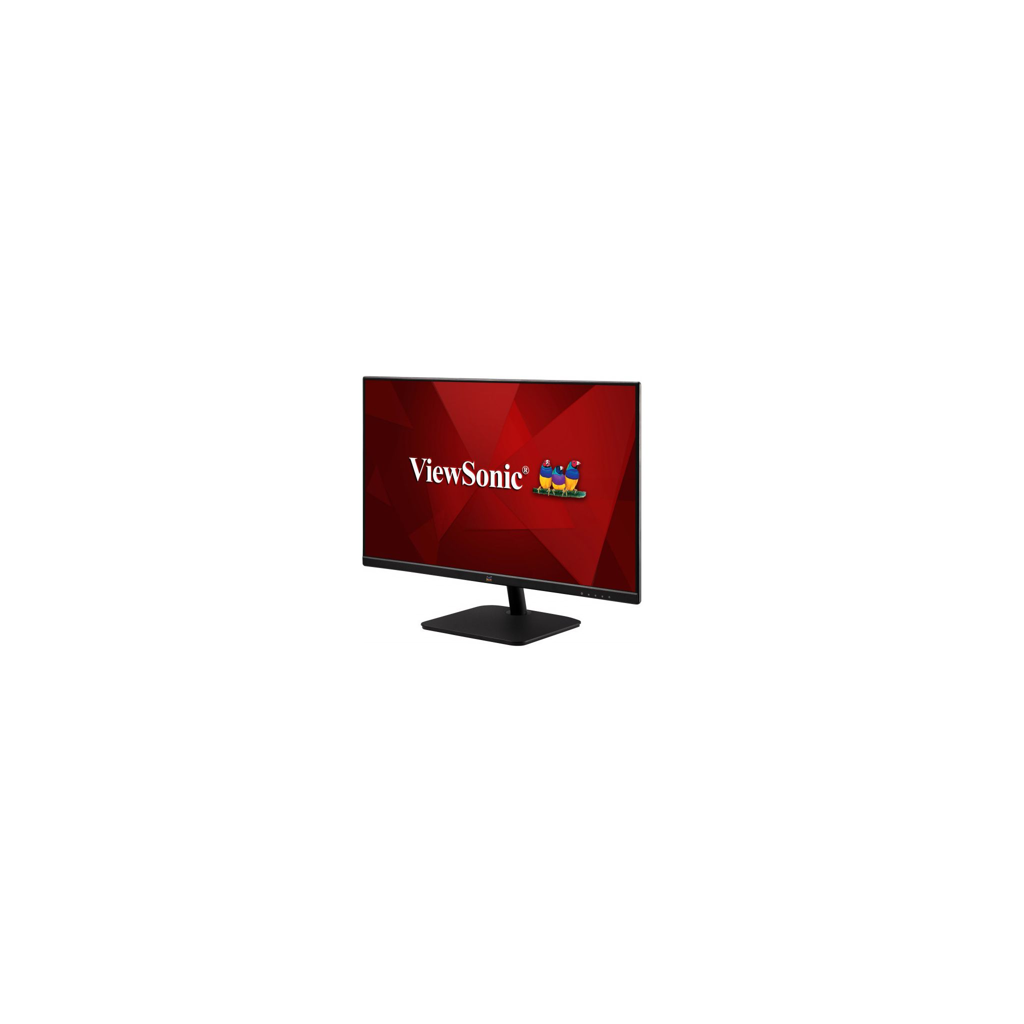 ViewSonic-Monitor mit rotem Hintergrund und Logo. Schwarzer Ständer.