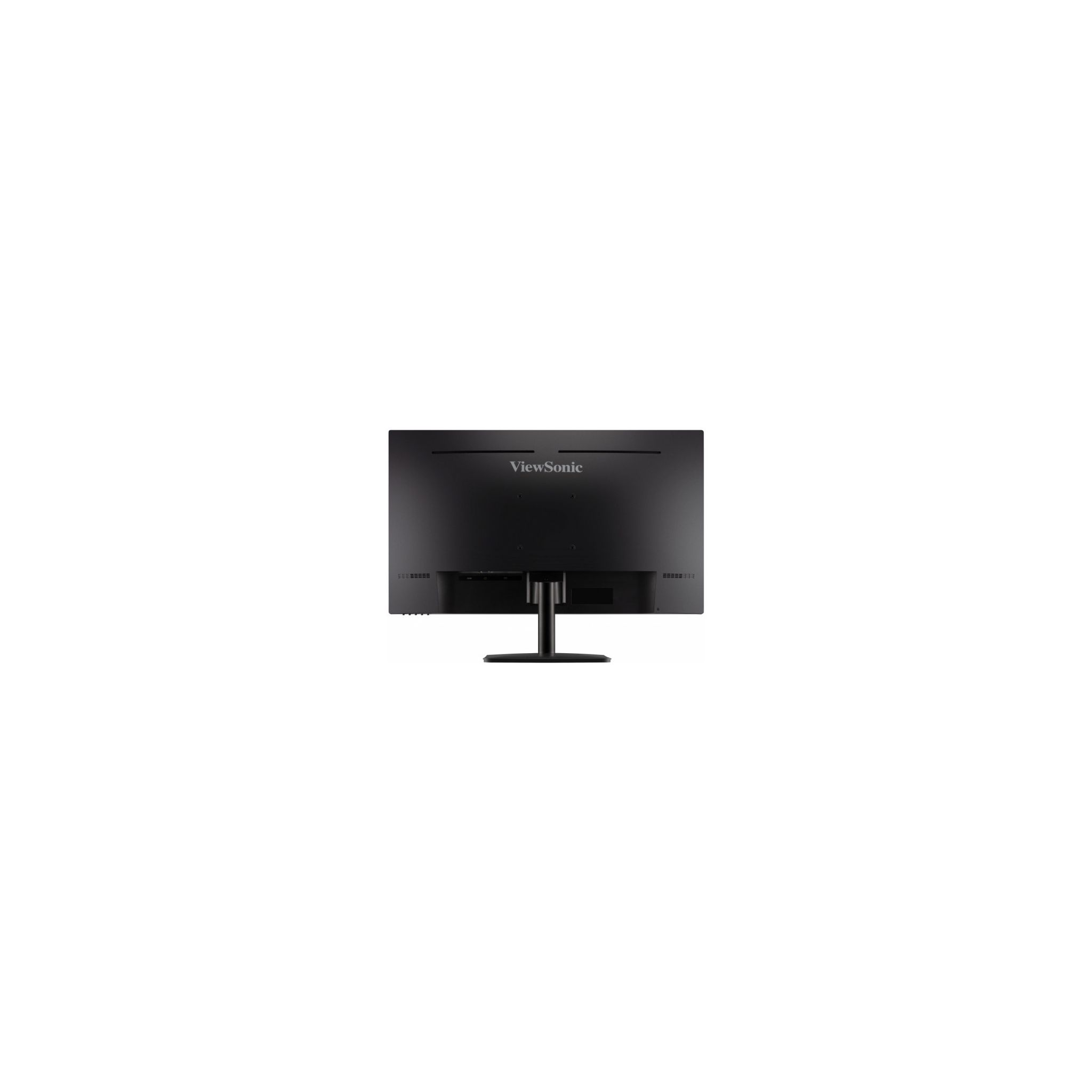 Rückansicht eines schwarzen ViewSonic-Monitors mit Ständer und verschiedenen Anschlüssen.