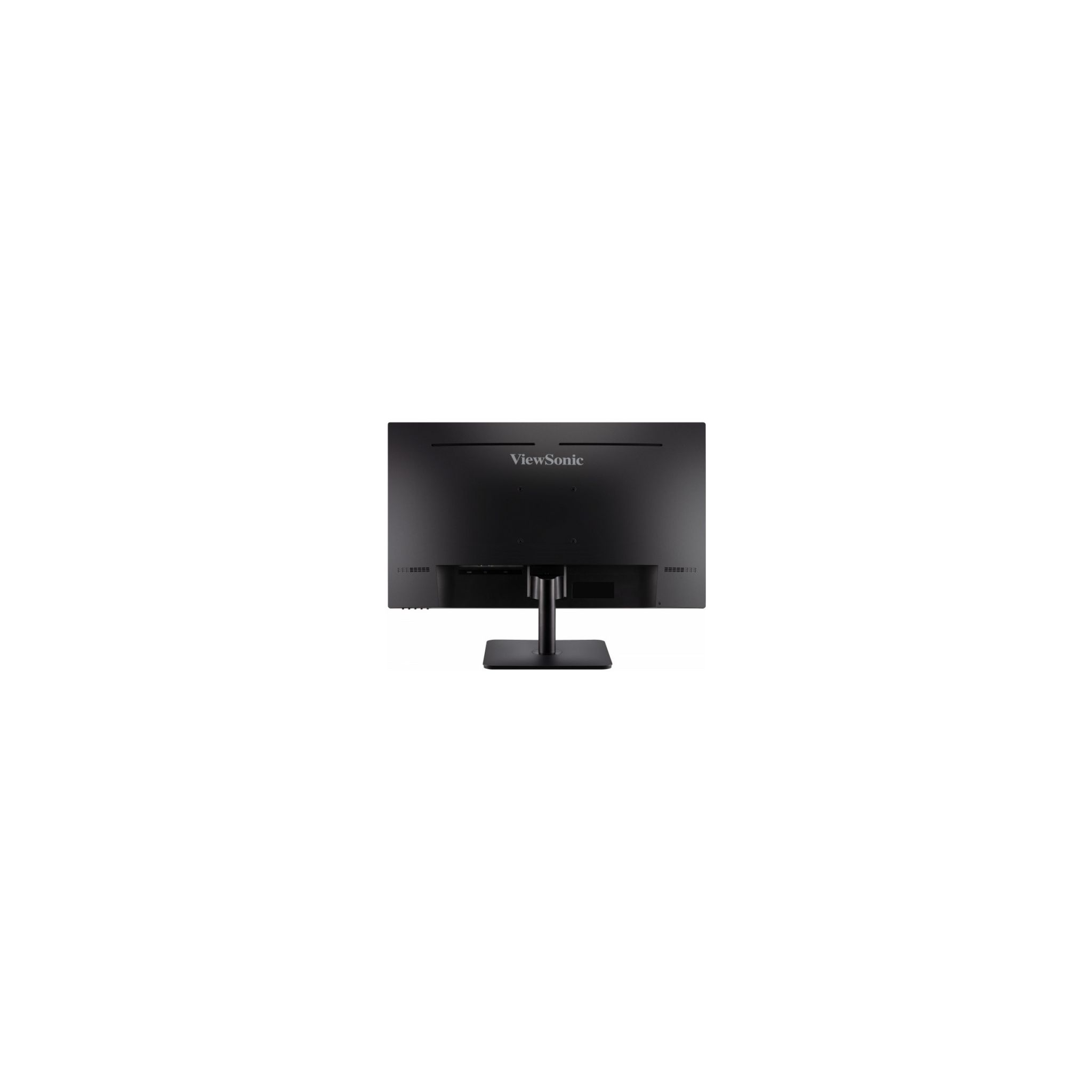 Schwarzer ViewSonic-Monitor, Rückansicht, auf einem Ständer.