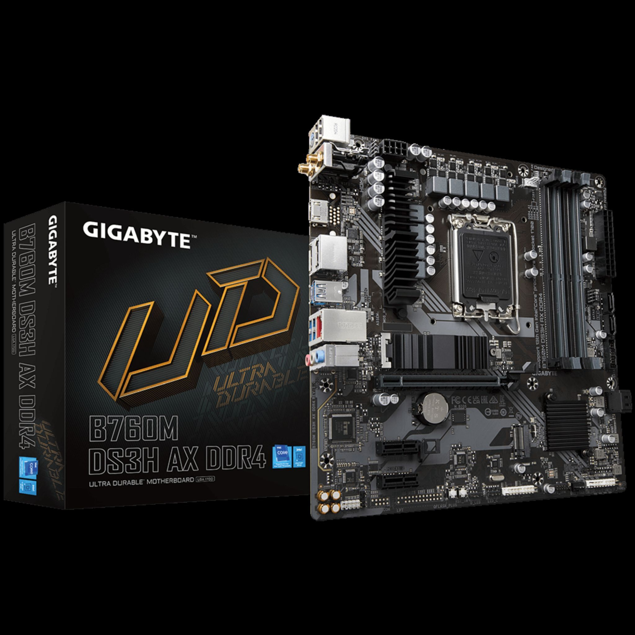 Una scheda madre e una scatola con 'GIGABYTE' e 'B760M DS3H AX DDR4' stampati.