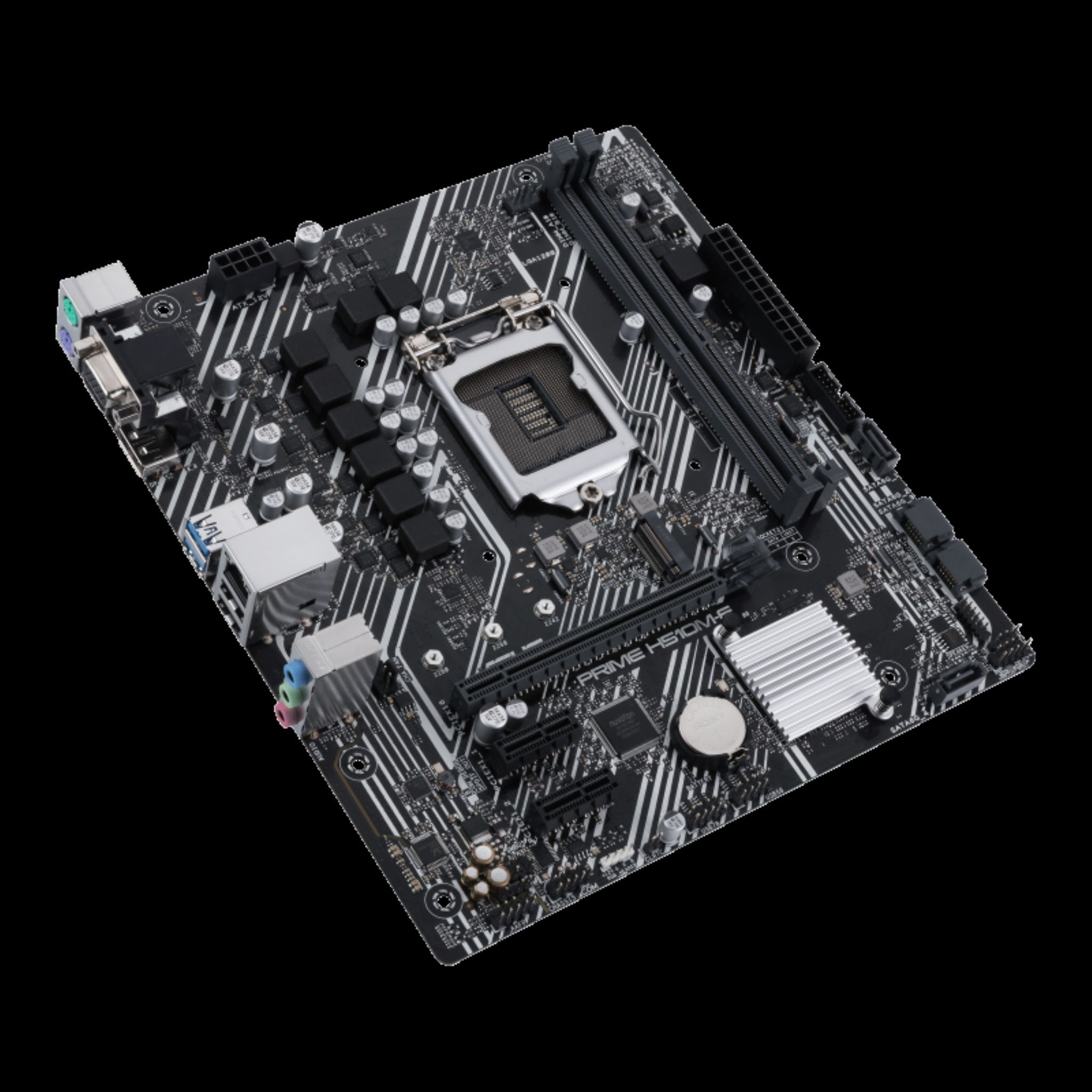 Motherboard mit zentralem Prozessorslot und verschiedenen Komponenten. Schwarze und silberne Farben.