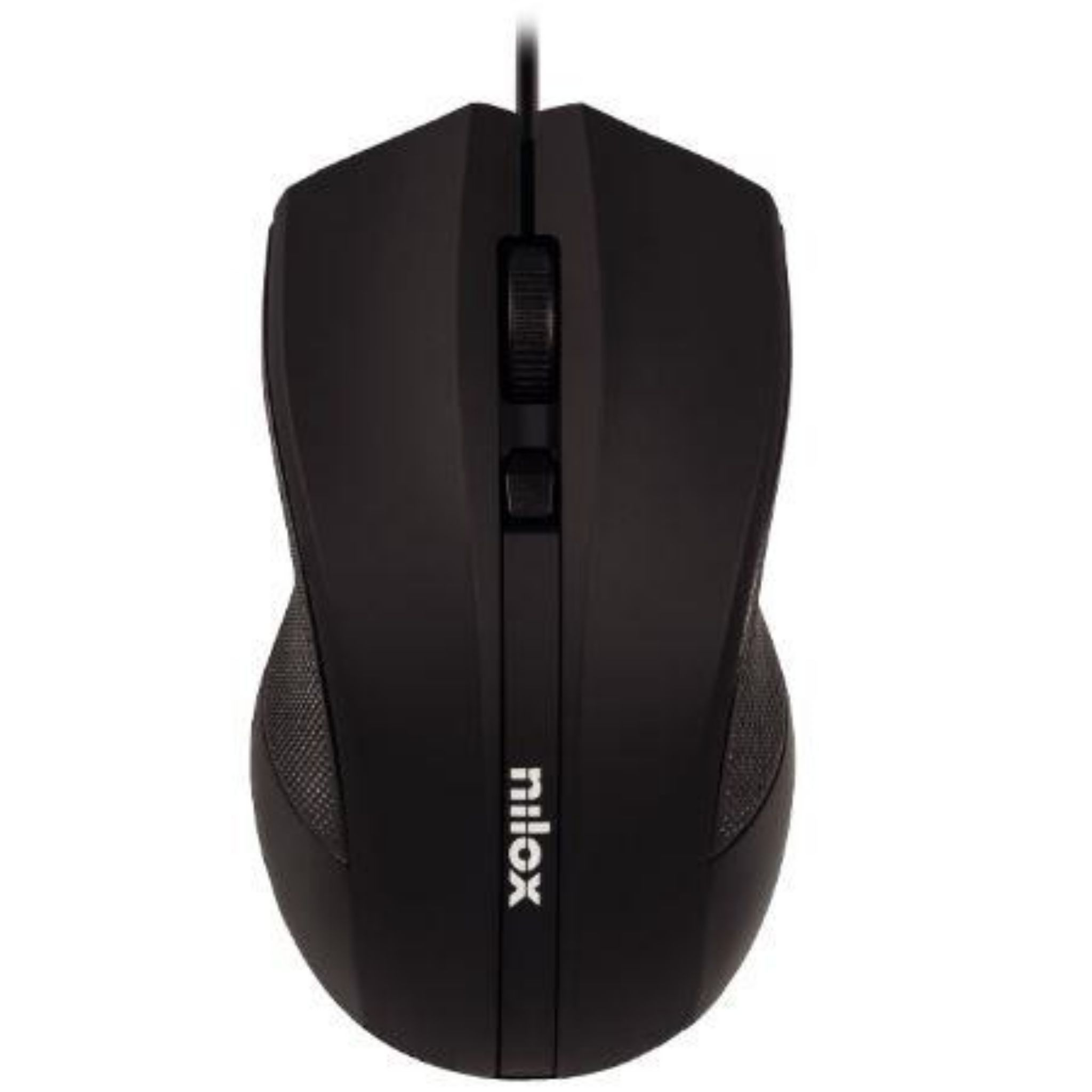 Mouse per computer nero con rotella di scorrimento. Sfondo bianco.