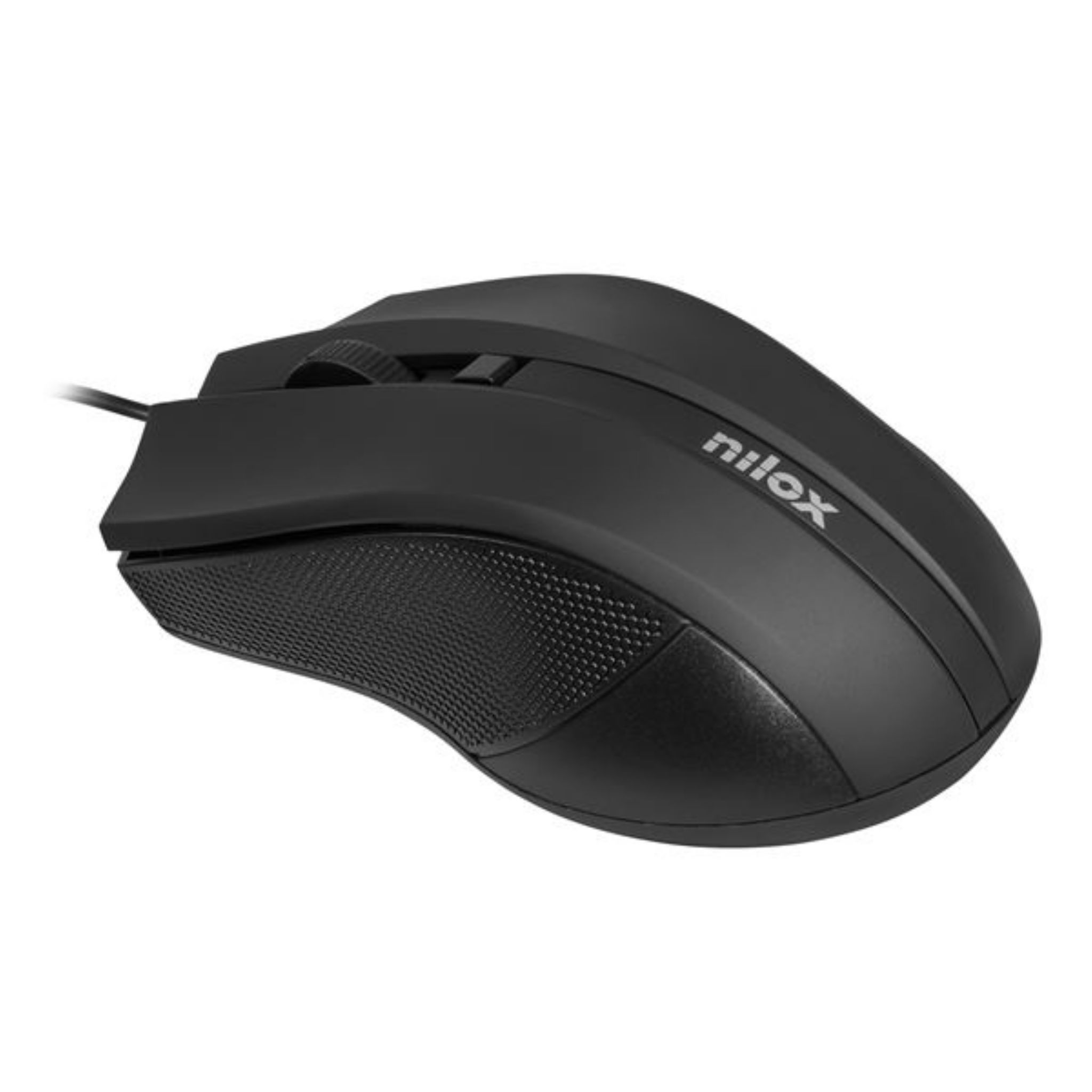 Mouse Nilox nero con rotella, pulsanti laterali e impugnatura testurizzata.
