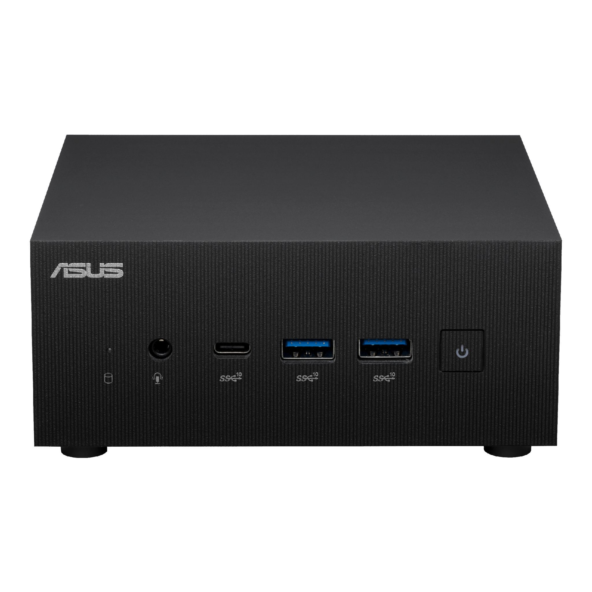 Mini-PC ASUS nero con porte frontali. Pulsante di accensione e porte USB visibili. Sfondo nero.