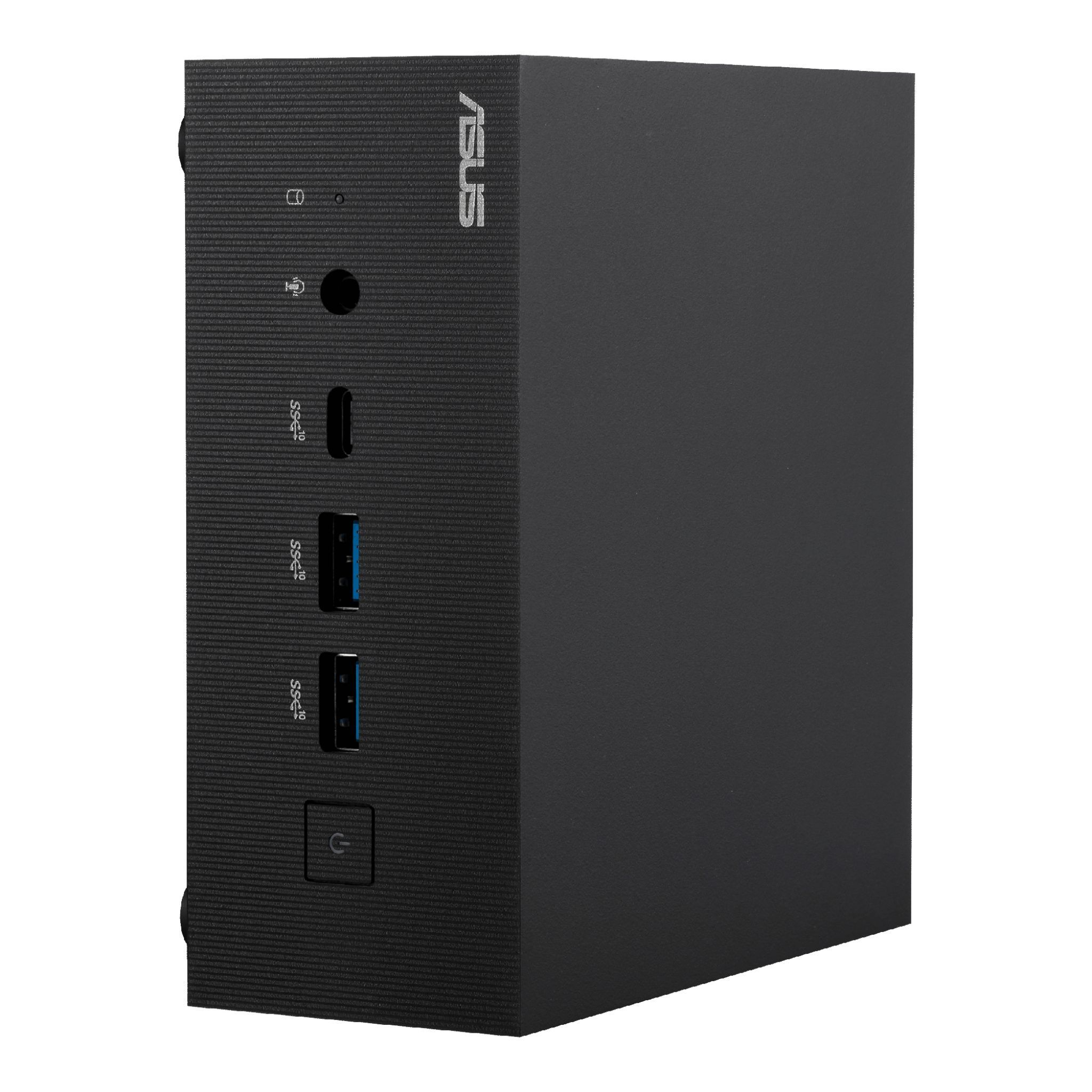 Case per computer ASUS nero con porte frontali, tra cui USB e pulsante di accensione. Logo ASUS in alto a destra.